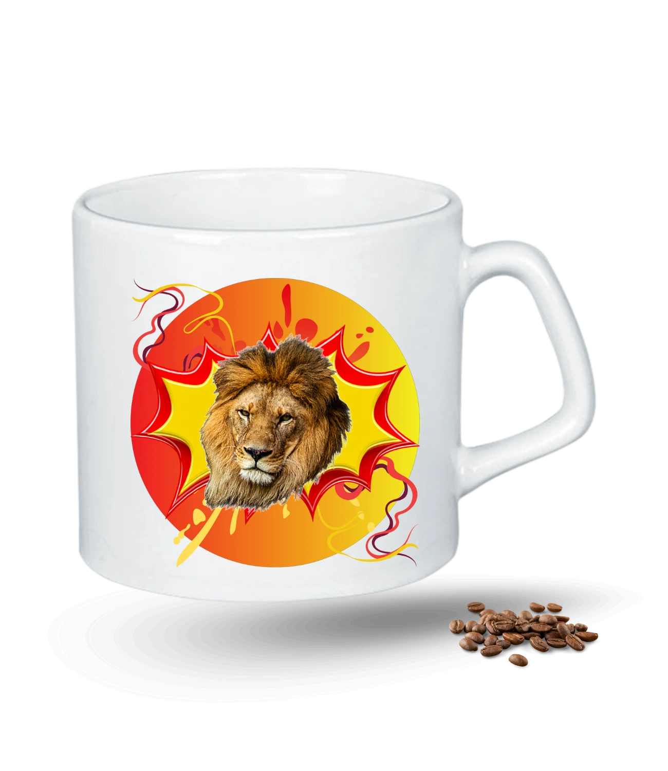 Sarı Kırmızılı Arslan Temalı Aslan Baskılı Porselen Afilli Kupa Bardak