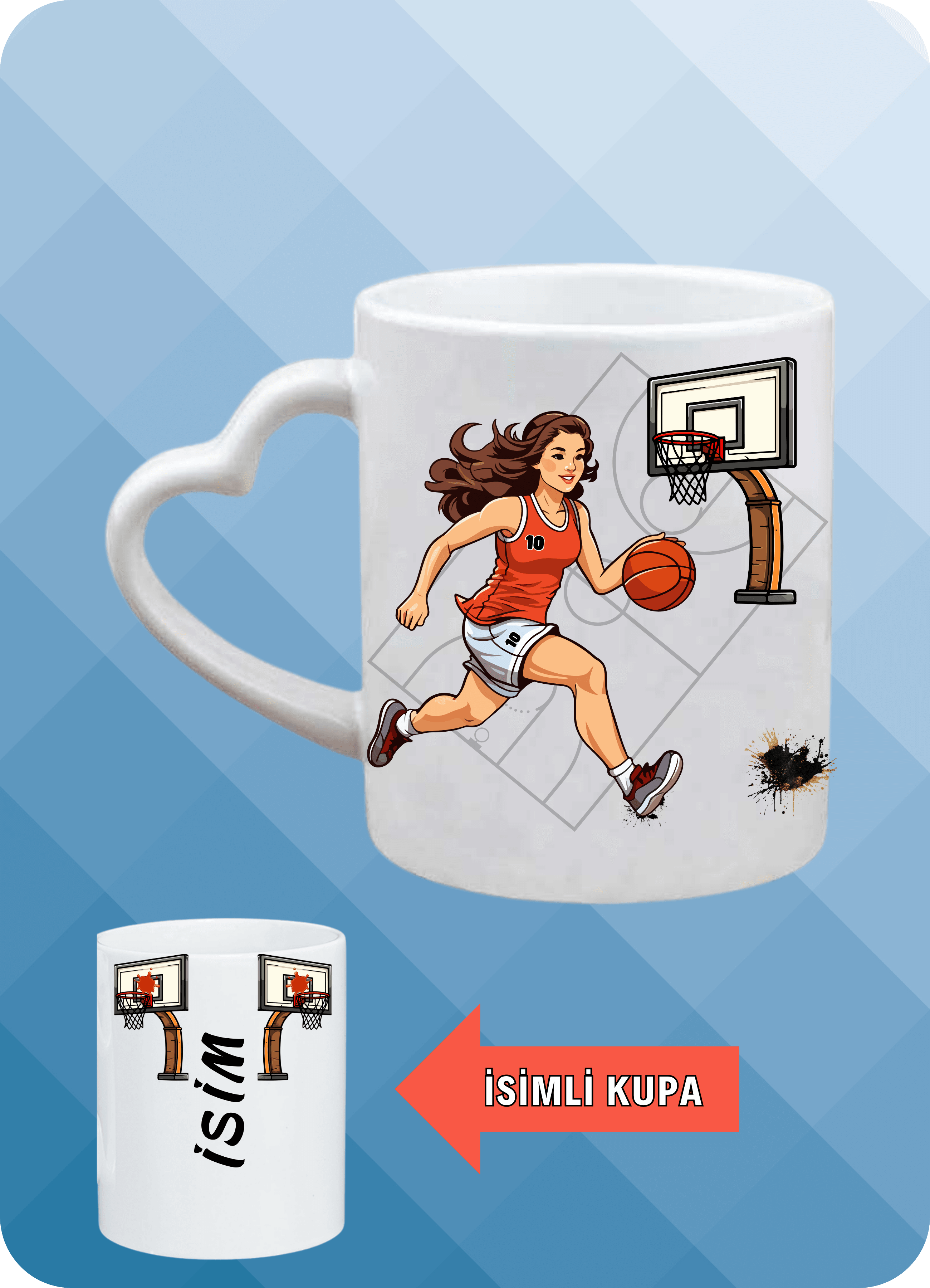Basketbol Temalı Kadın Basketbolcu Kalp Kulplu Basket Sever Kupa Bardak Çay Kahve Fincanı-1