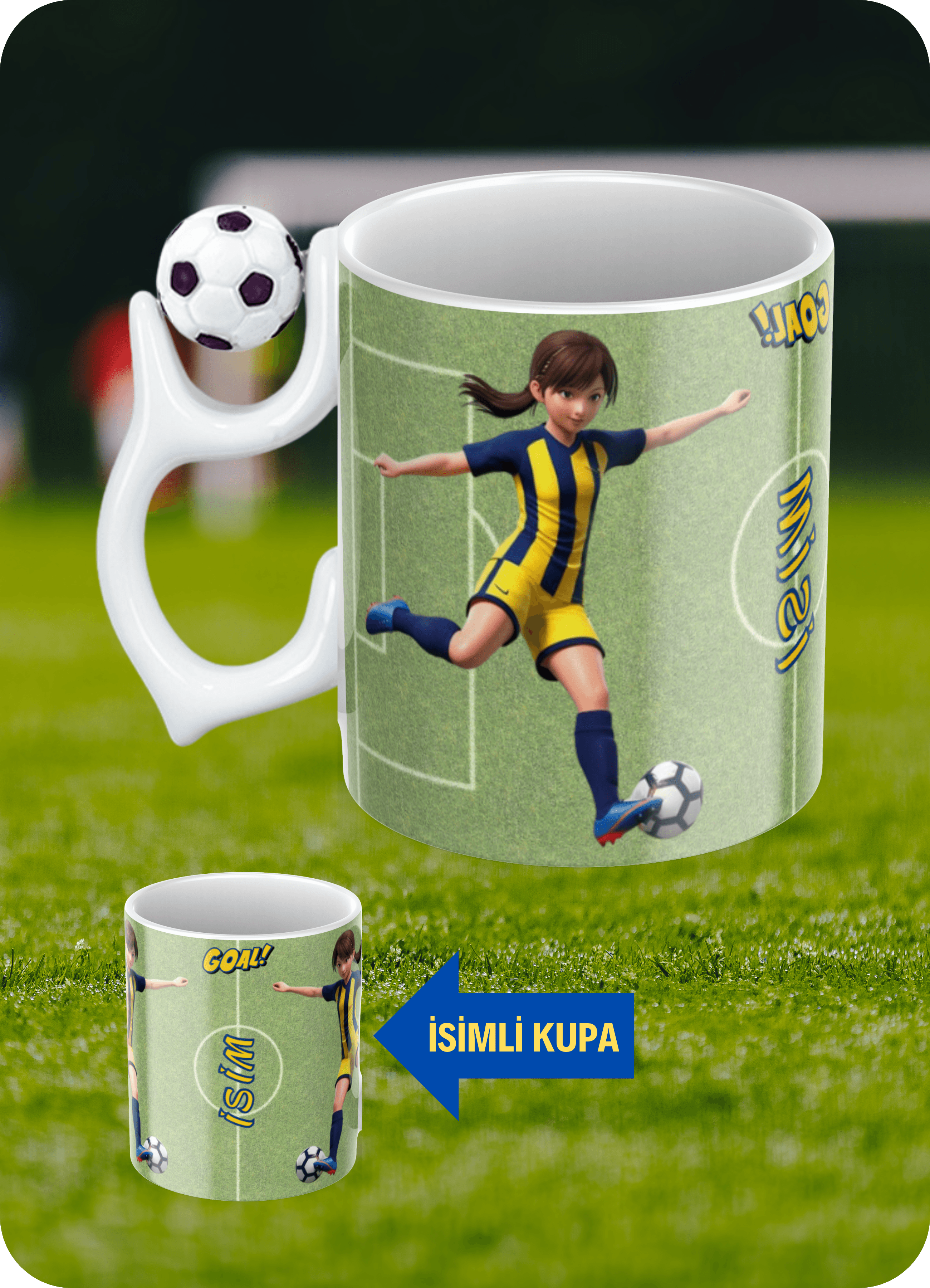 Futbol Toplu Sarı Lacivert Formalı Kadın Futbolcu İsimli Taraftar Kupa Bardak Çay Kahve Fincanı