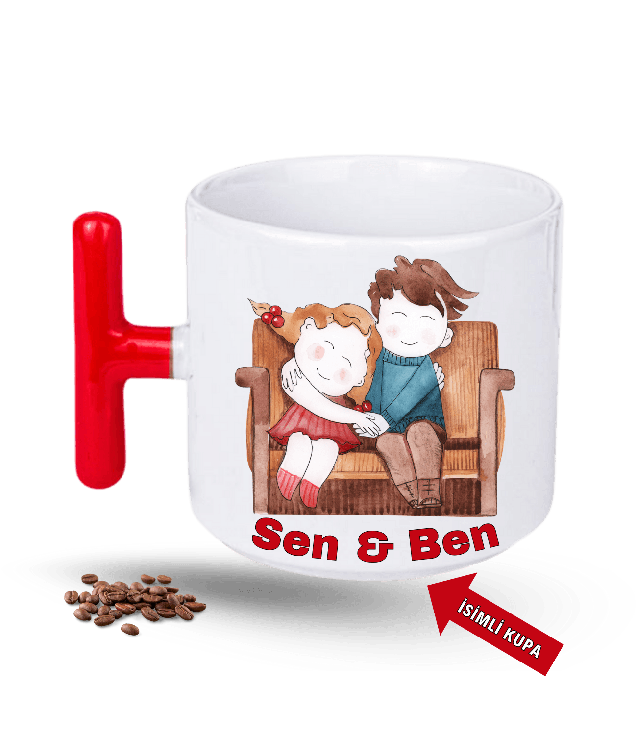 Aşk Temalı Sen ve Ben İsimli Kupa Kalpli Baskılı T Saplı Porselen Kupa Bardak-6