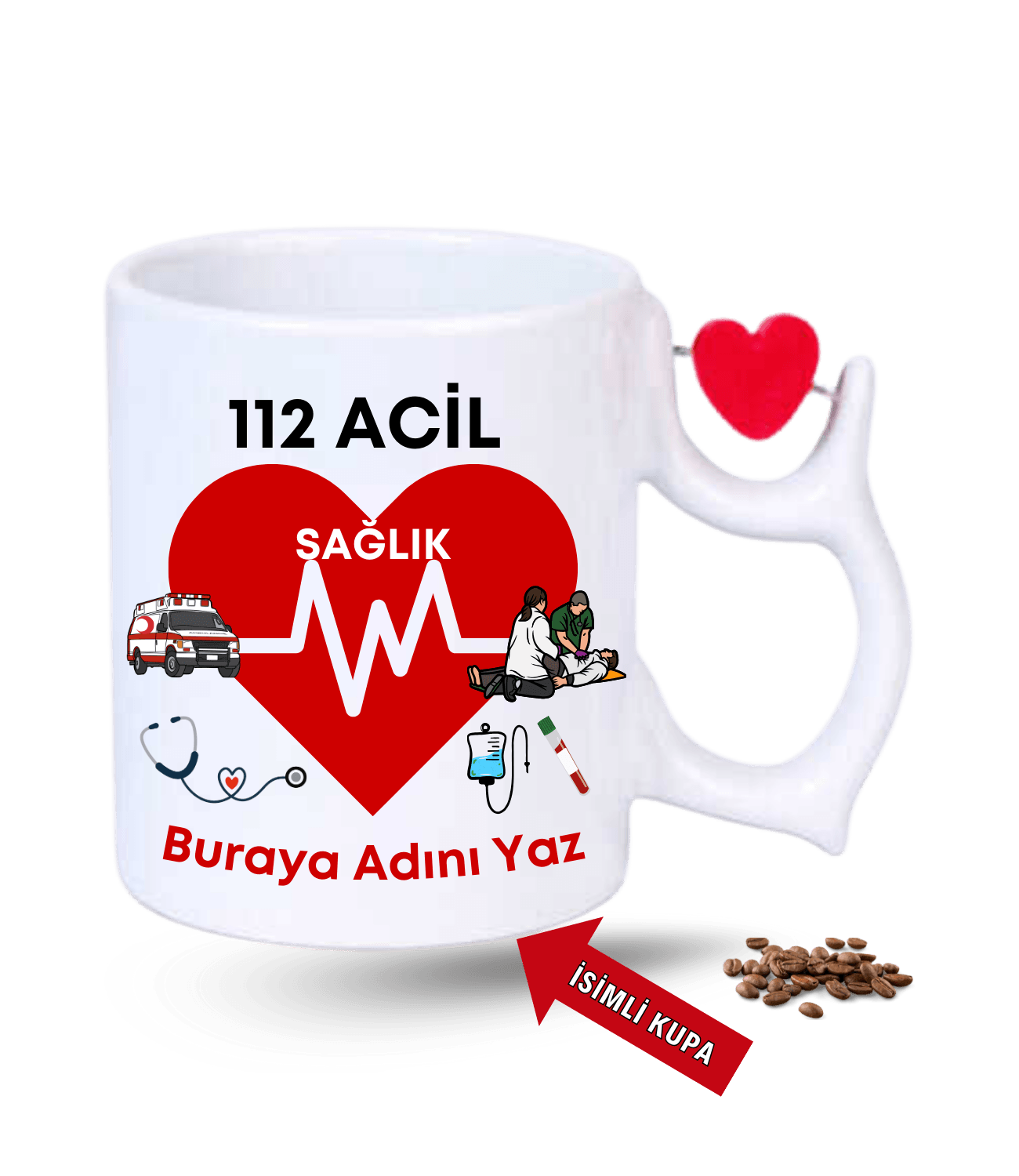 112 Acil Sağlık Temalı İsimli Kupa Baskılı Porselen Dönen Kalp Figürlü Kupa Bardak