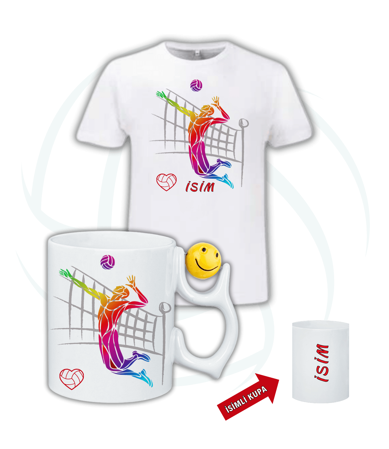 Voleybol Temalı Smaç Erkek Oyuncu Baskı Emoji Kupa + Baskılı Pamuklu Tişört Kombin
