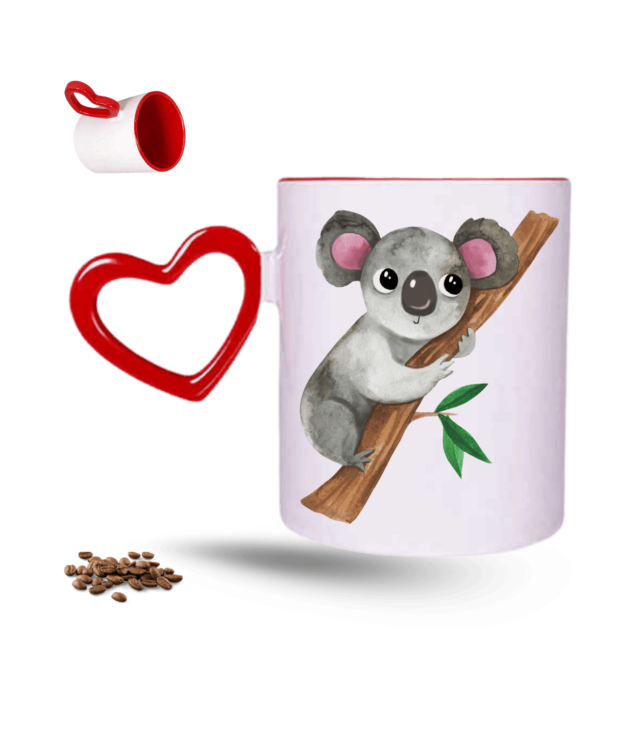 Sevimli Koala Baskılı Kırmızı Kalpli Porselen Kupa Bardak