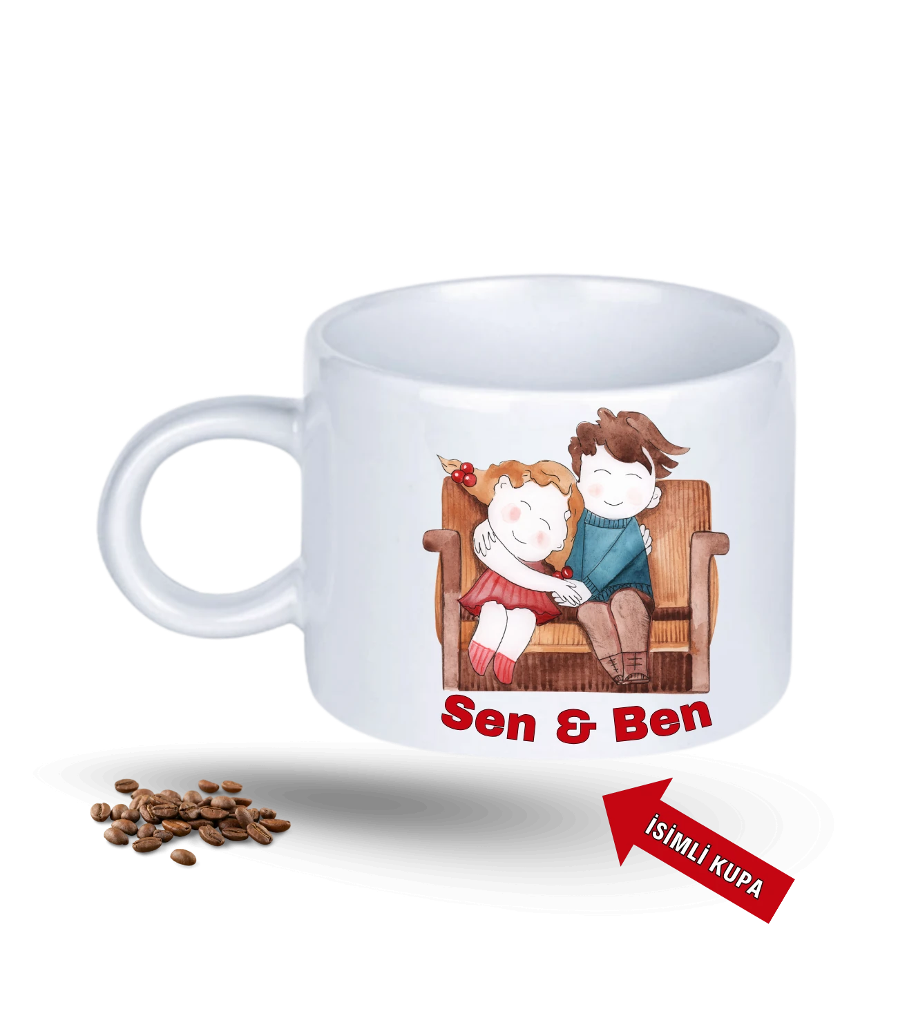 Aşk Temalı Sen ve Ben İsimli Kupa Kalpli Baskılı Porselen Motto Kupa Bardak-6