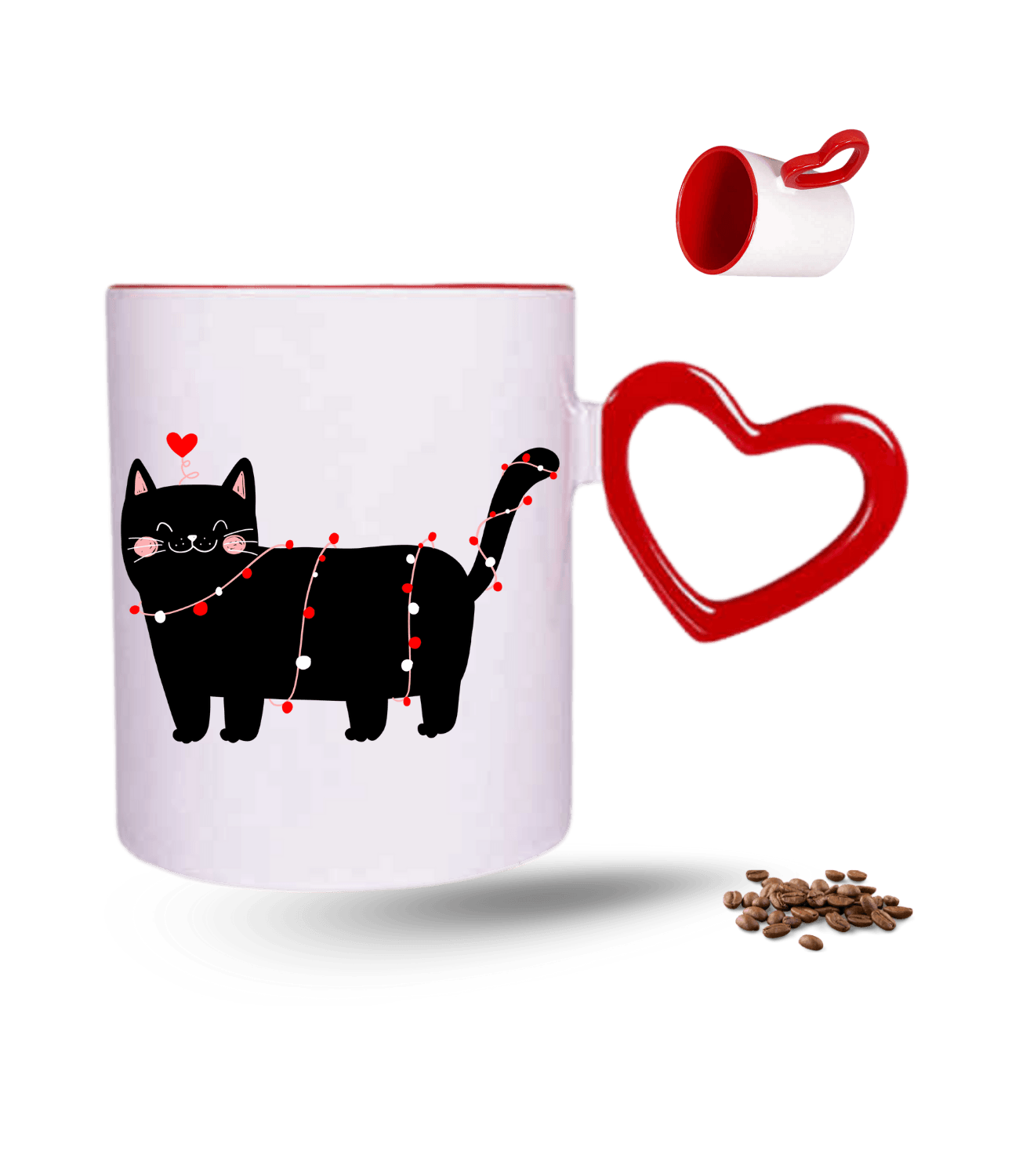 Partici Kedi Temalı Kedi Sever Baskılı Kırmızı Kalpli Porselen Kupa Bardak