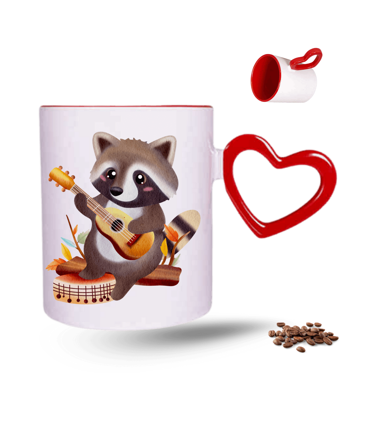 Gitar Çalan Cute Rakun Baskılı Kırmızı Kalpli Porselen Kupa Bardak
