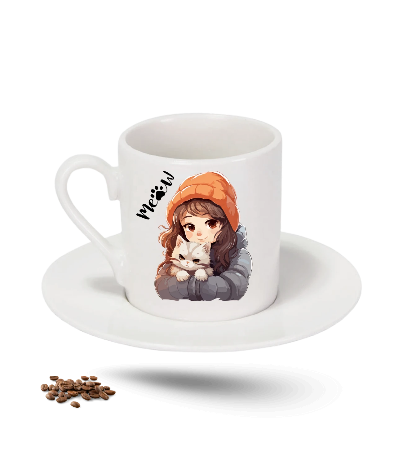 Meow Bereli Kız Kedi Sever Baskılı Porselen Türk Kahvesi Fincanı Tekli