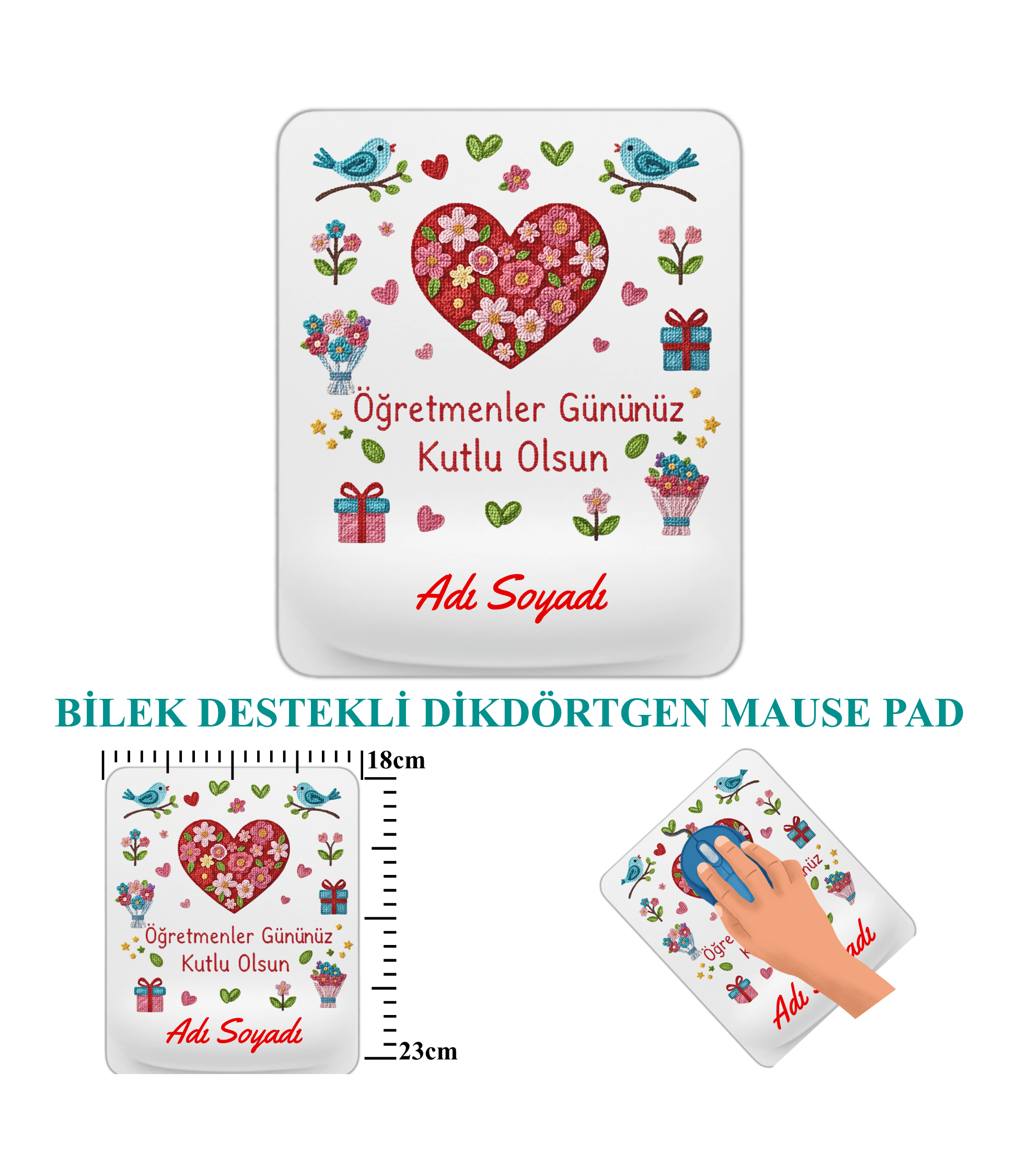 Öğretmenler Günü Hediyesi Dikdörtgen Bilek Destekli İsimli Mause Ped -1