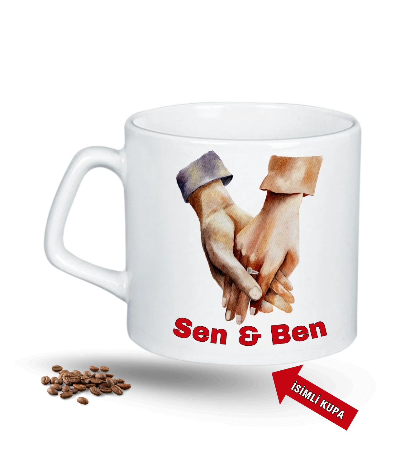 Aşk Temalı Sen ve Ben İsimli Kupa Kalpli Baskılı Porselen Afilli Kupa Bardak-5