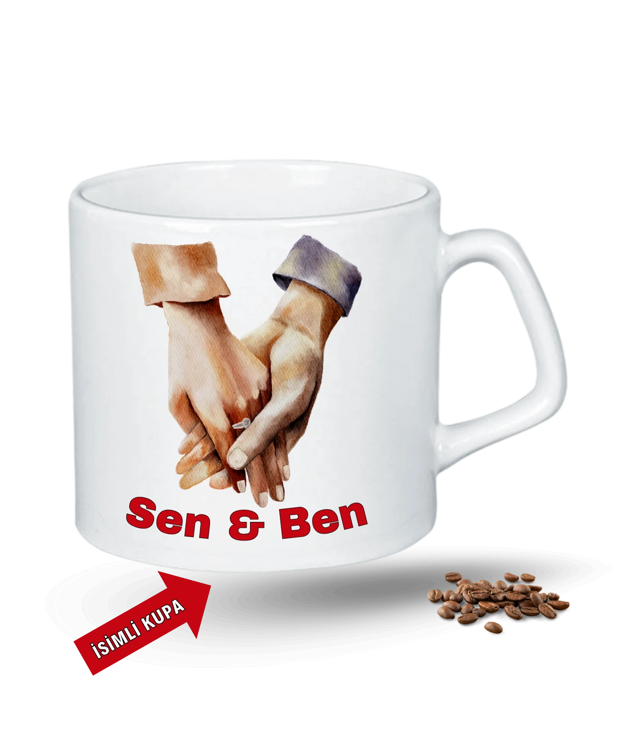 Aşk Temalı Sen ve Ben İsimli Kupa Kalpli Baskılı Porselen Afilli Kupa Bardak-5