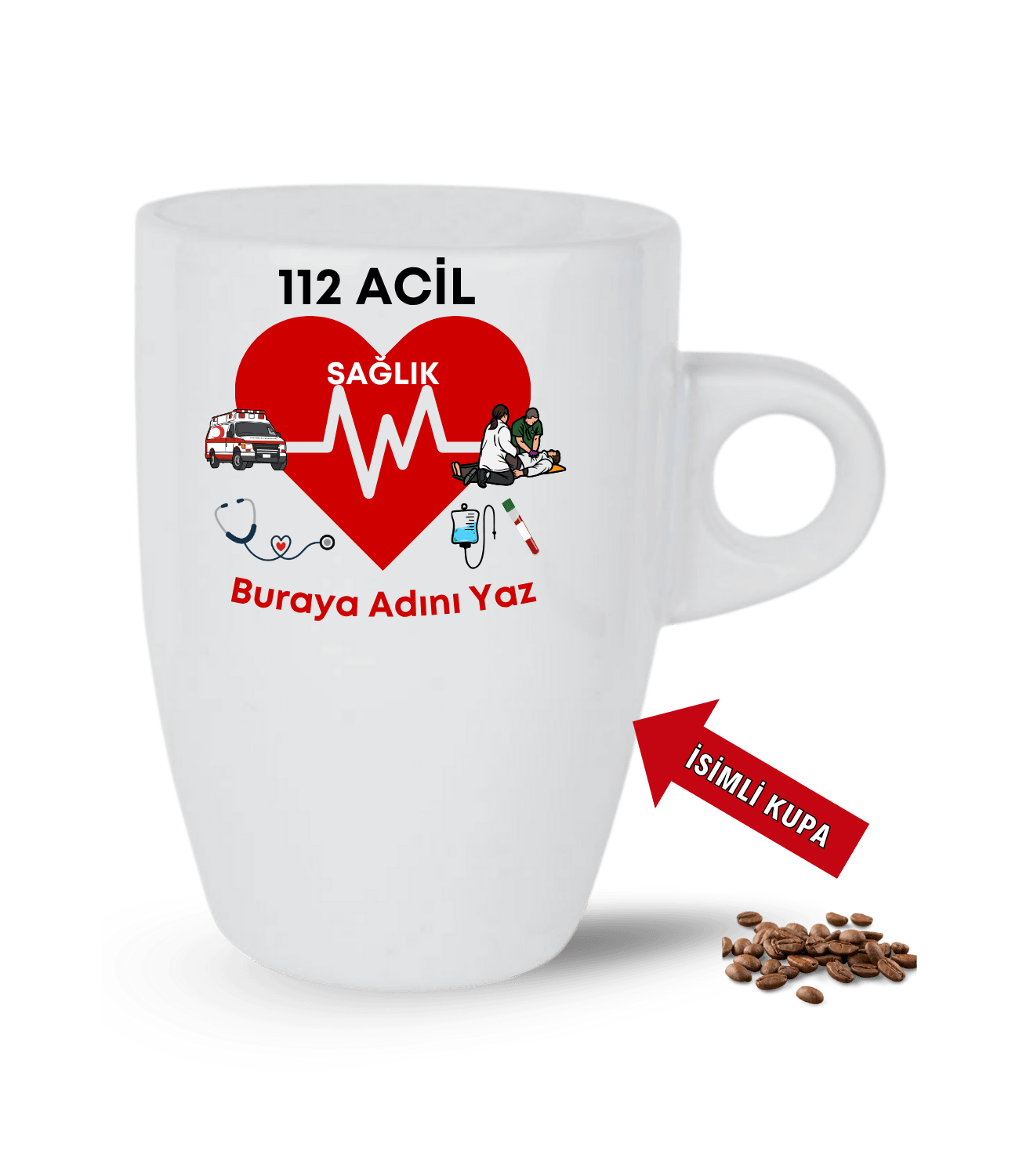 112 Acil Sağlık Temalı İsimli Kupa Baskılı Porselen Latte Kupa Bardak