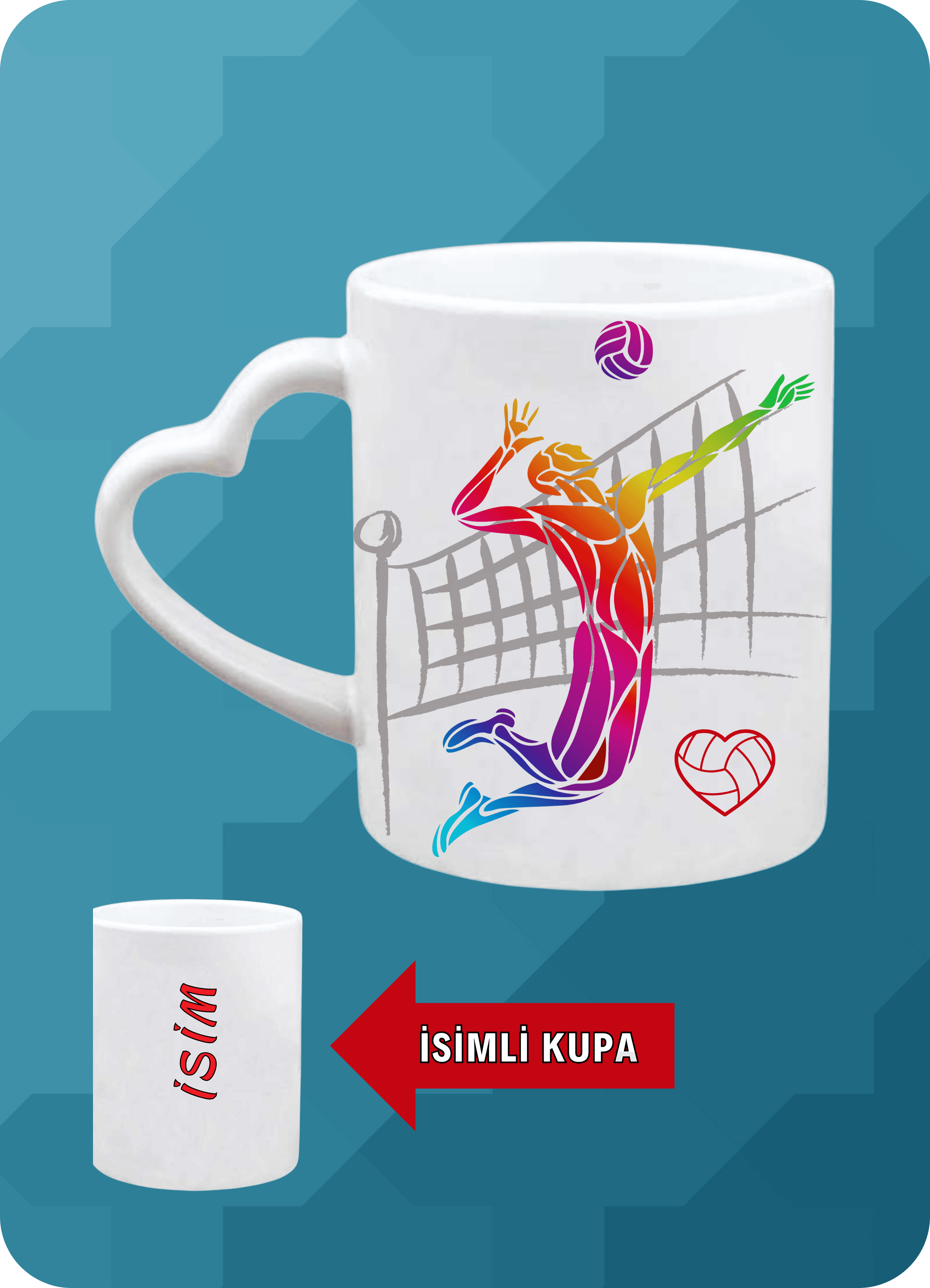 Voleybol Temalı Erkek Voleybolcu Kalpli Kulp Kupa Bardak Çay Kahve Fincanı-1