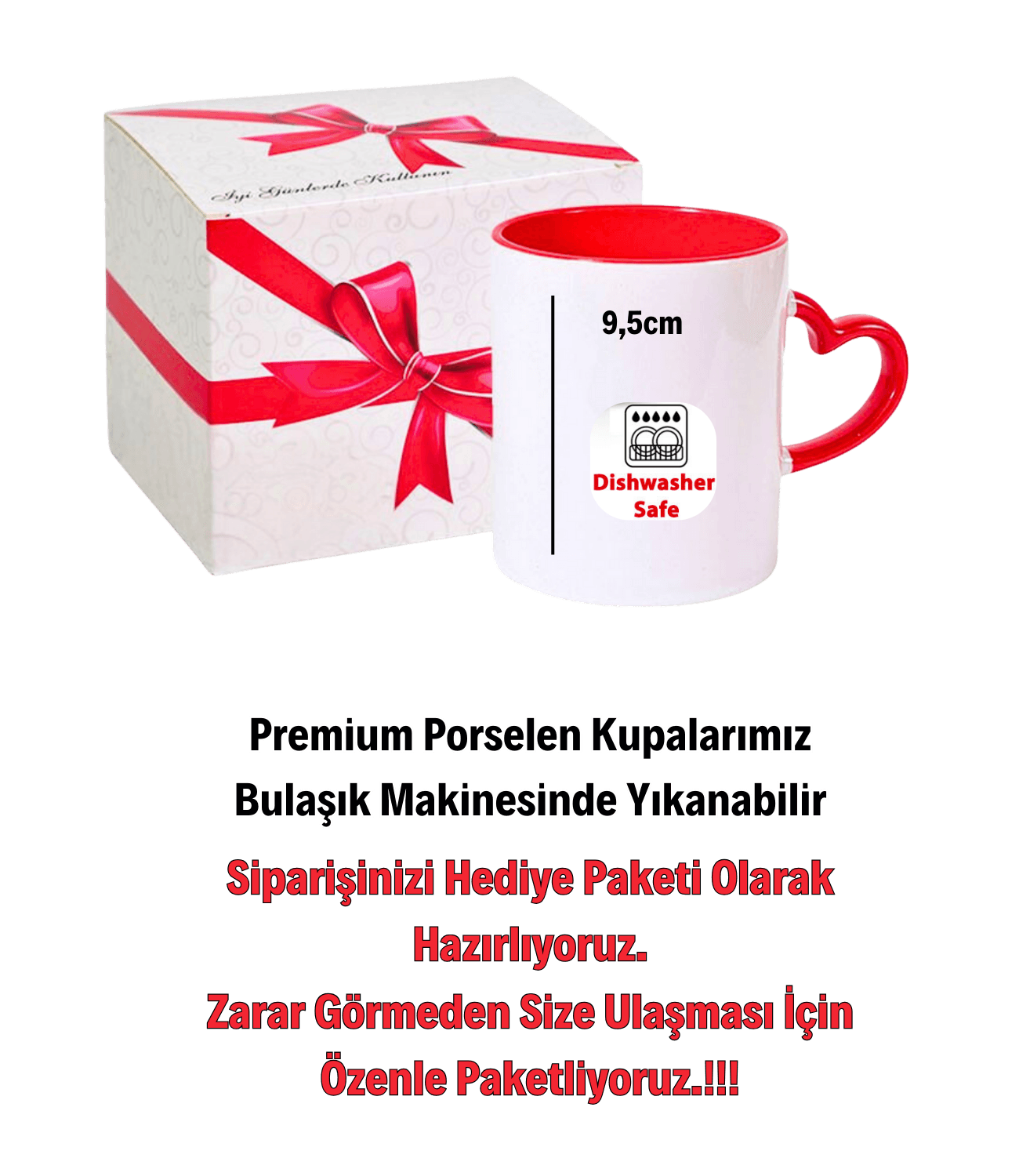 Sevgi Temalı Kırmızı Lale Çiçek Baskılı Kırmızı Kalpli Porselen Kupa Bardak
