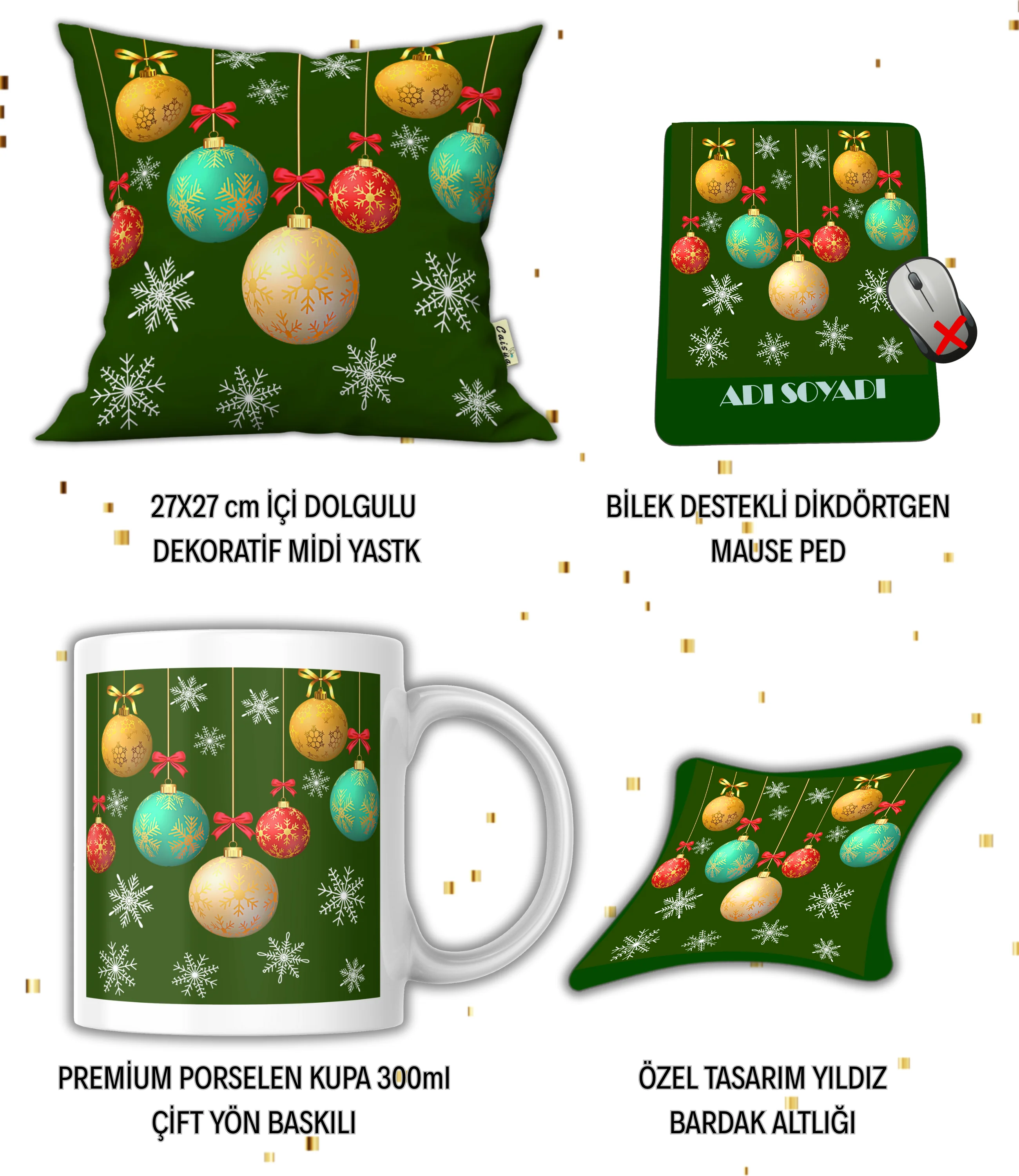 Yılbaşı Hediye Seti Christmas Temalı Baskılı Kupa Yastık İsimli Mause Ped Bardak Altlığı