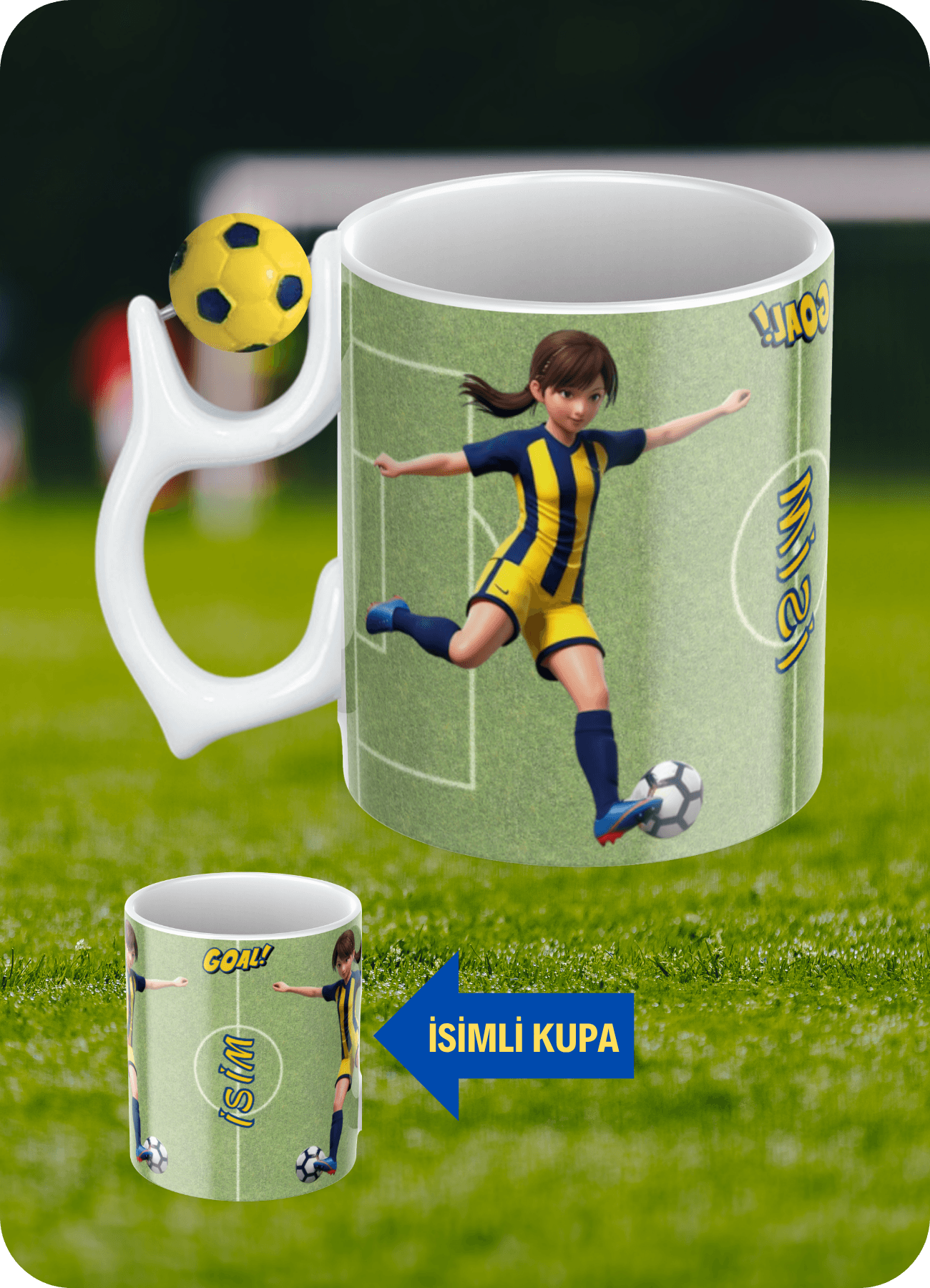 Sarı Lacivert Futbol Toplu Sarı Lacivert Formalı Kadın Futbolcu İsimli Taraftar Kupa Bardak Çay Kahve Fincanı