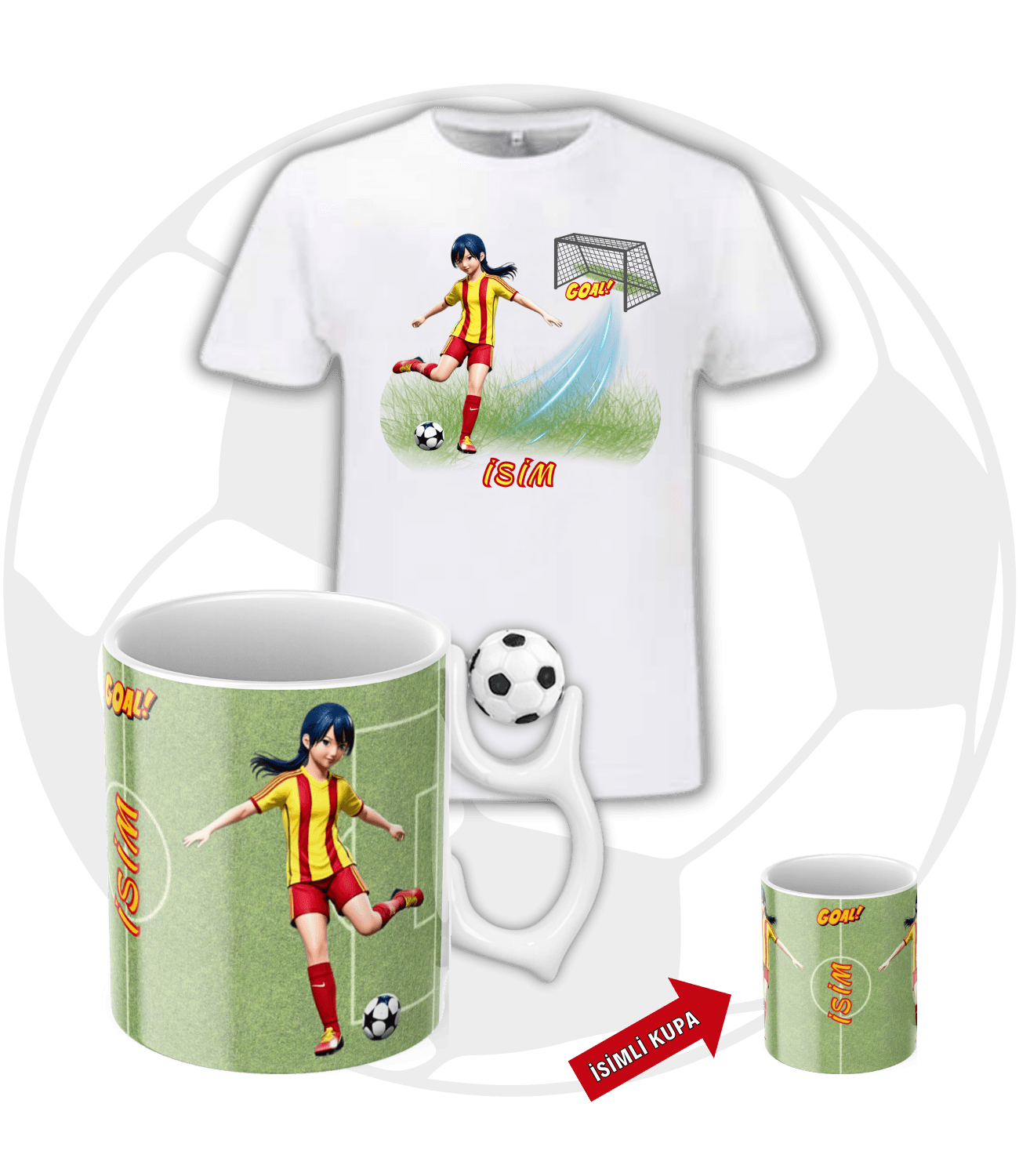 Sarı Kırmızı Kadın Futbolcu Futbol Toplu Kupa + Baskılı Pamuklu Tişört Kombin