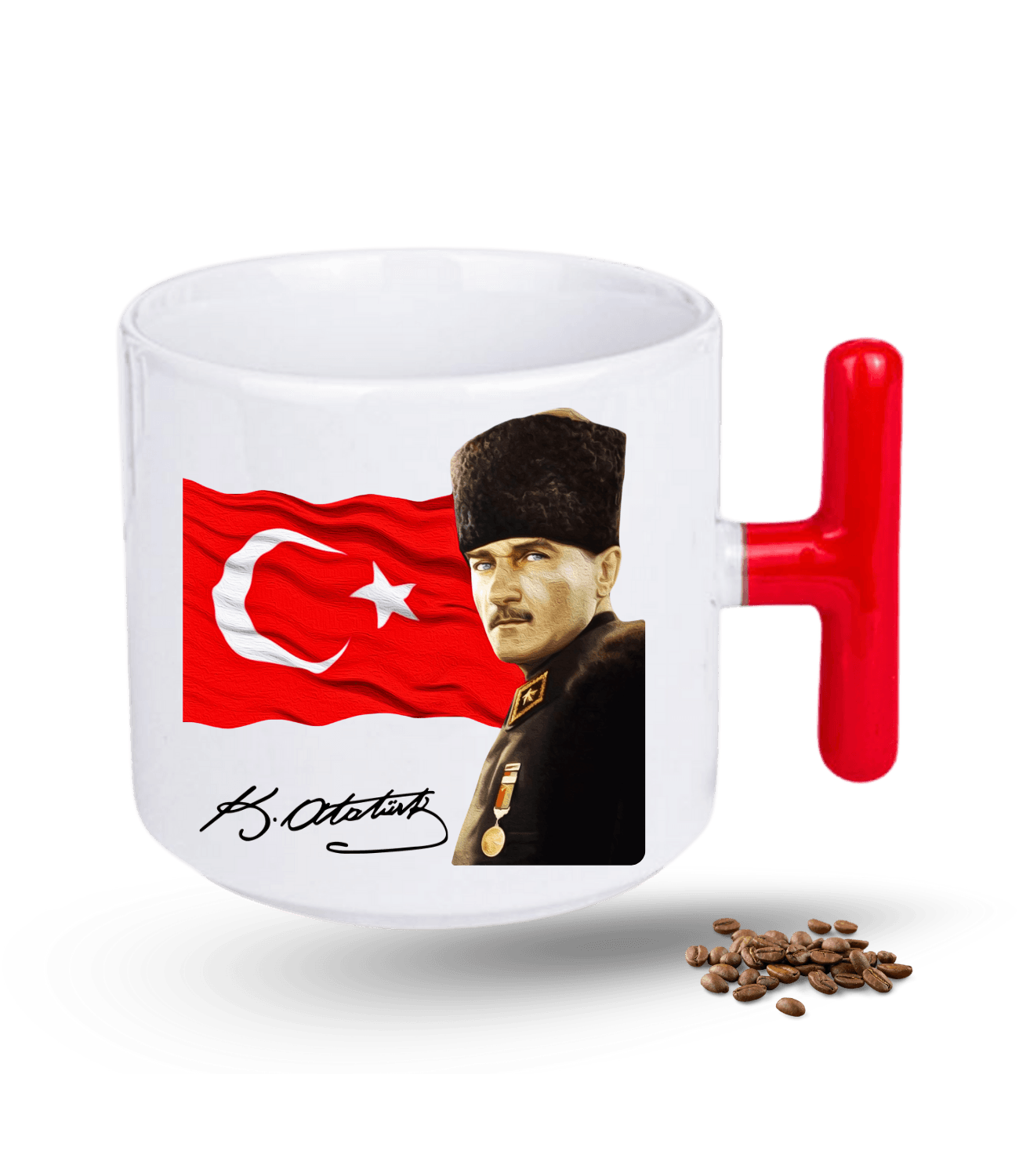 Atatürk İmza Temalı Bayrak Baskılı T Saplı Porselen Kupa Bardak