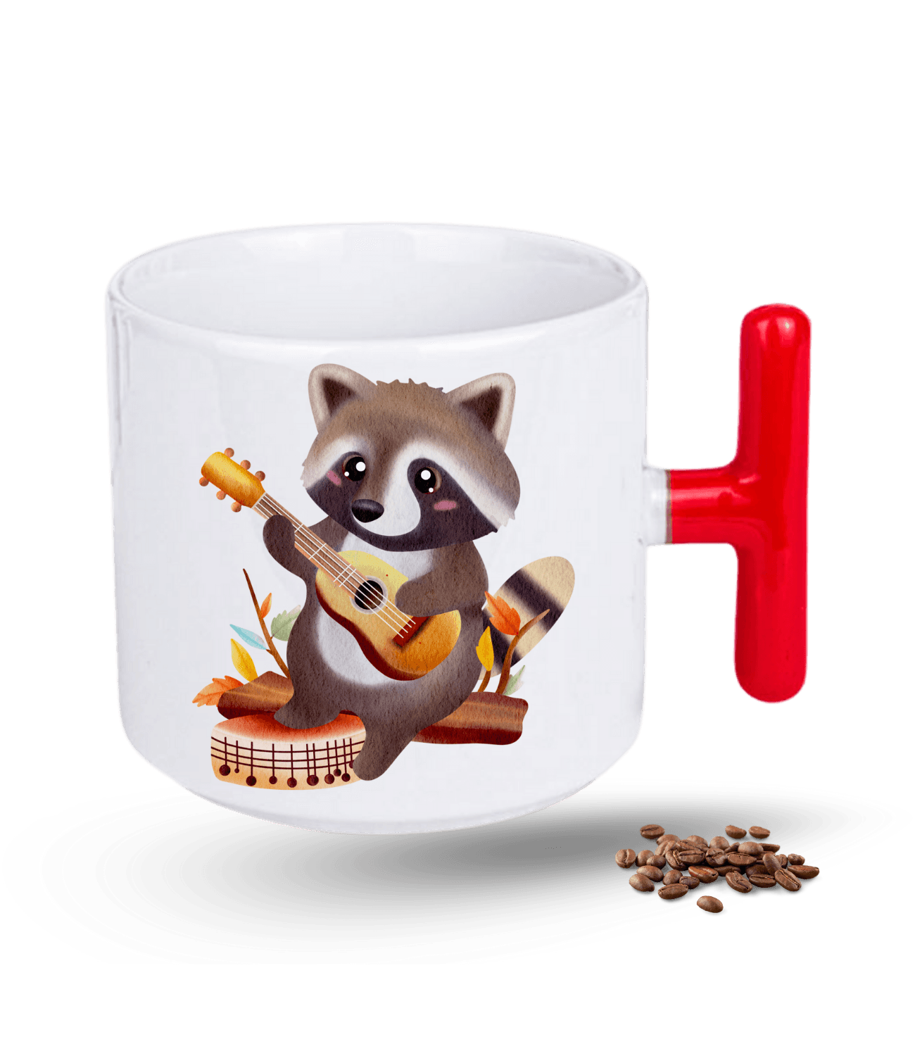 Gitar Çalan Cute Rakun Baskılı T Saplı Porselen Kupa Bardak