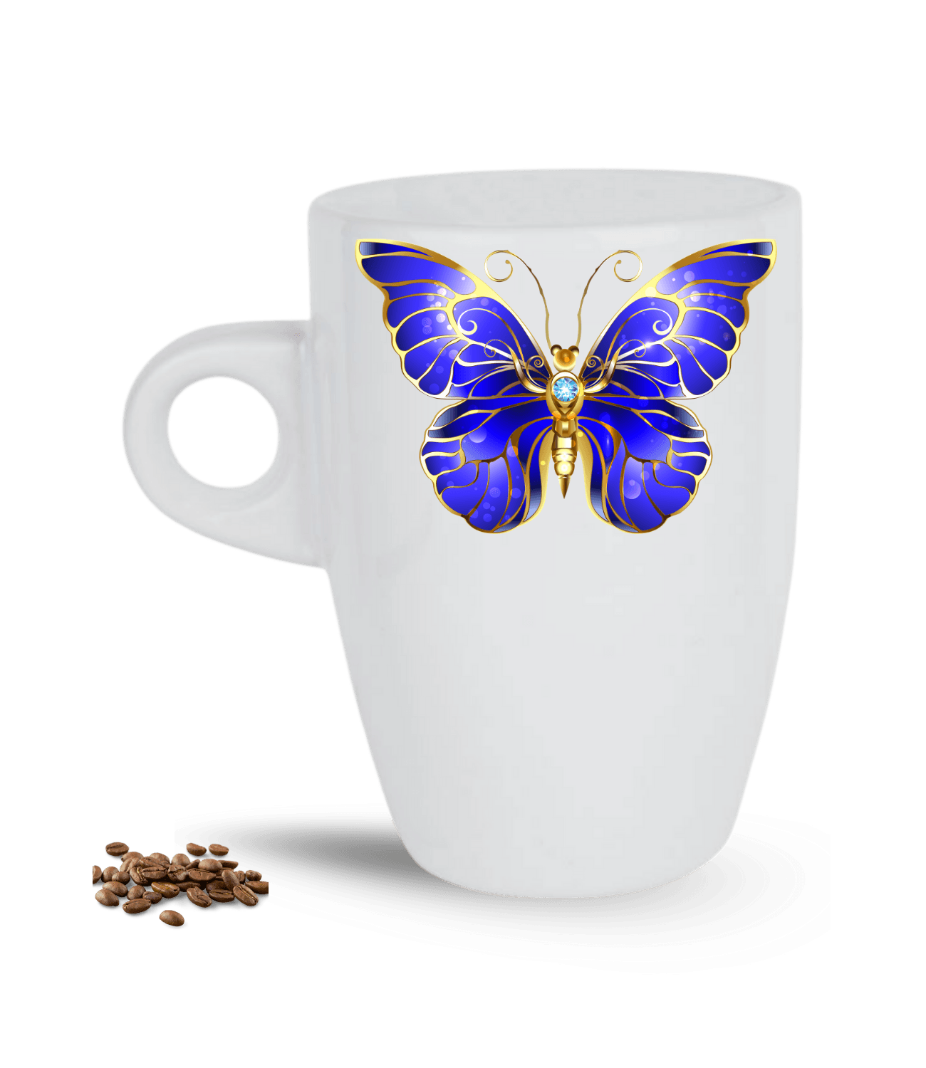 Varaklı Mavi Kelebek Baskılı Porselen Latte Kupa Bardak