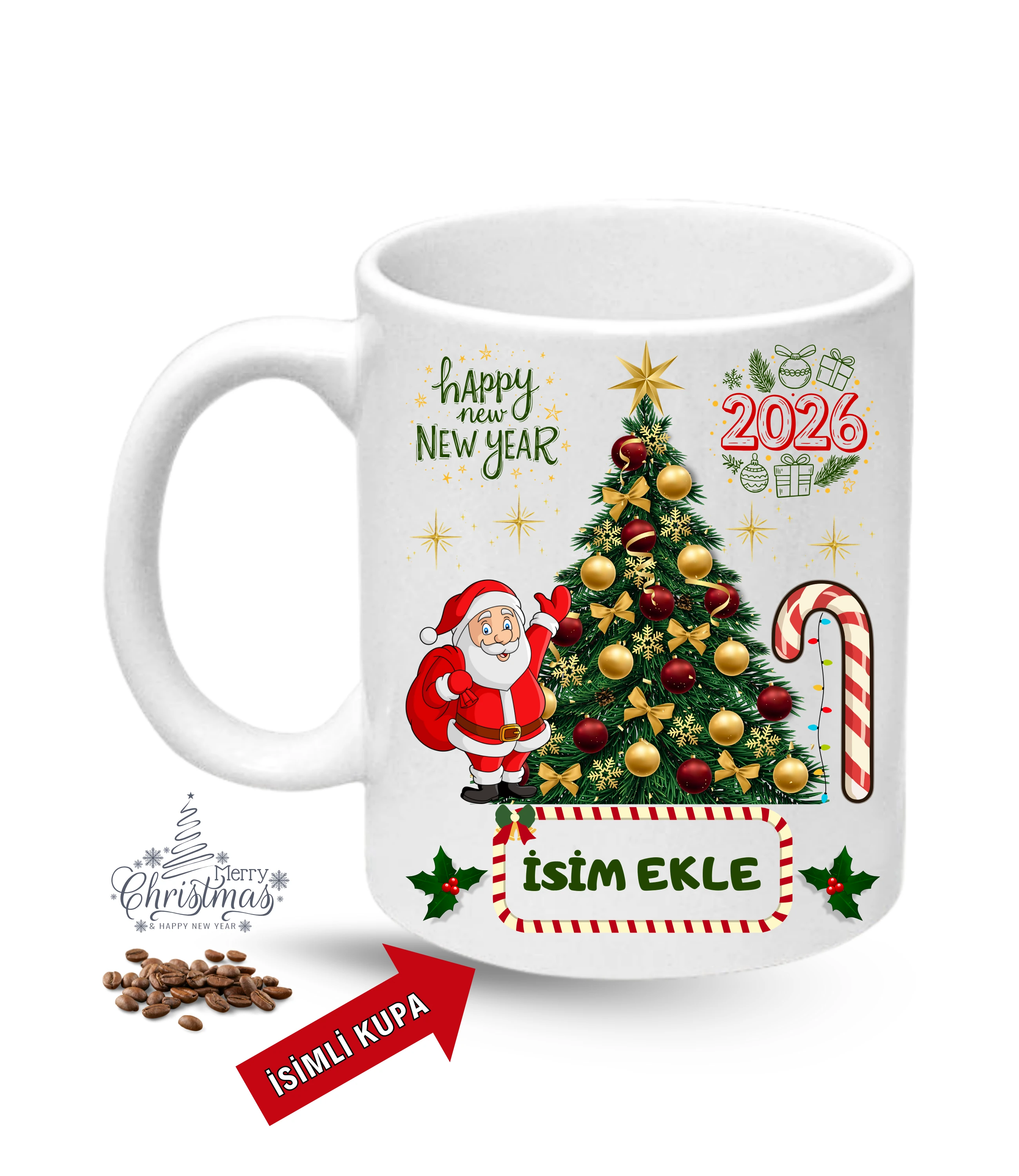 Yılbaşı Hediyesi Christmas Çam Ağacı İsimli Baskılı Porselen Kupa Bardak