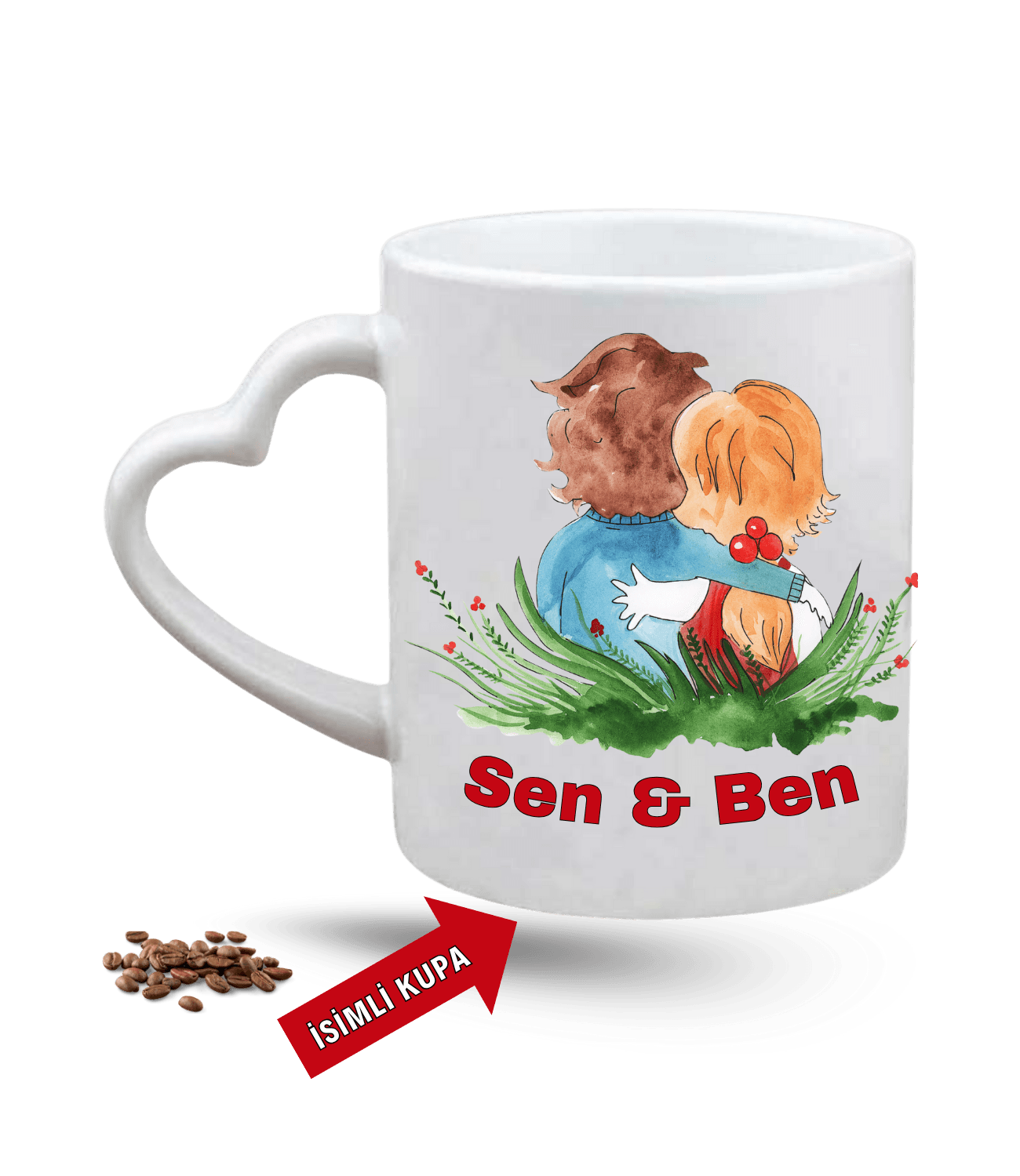 Aşk Temalı Sen ve Ben İsimli Kupa Kalpli Baskılı Porselen Kalp Kulp Kupa Bardak-3