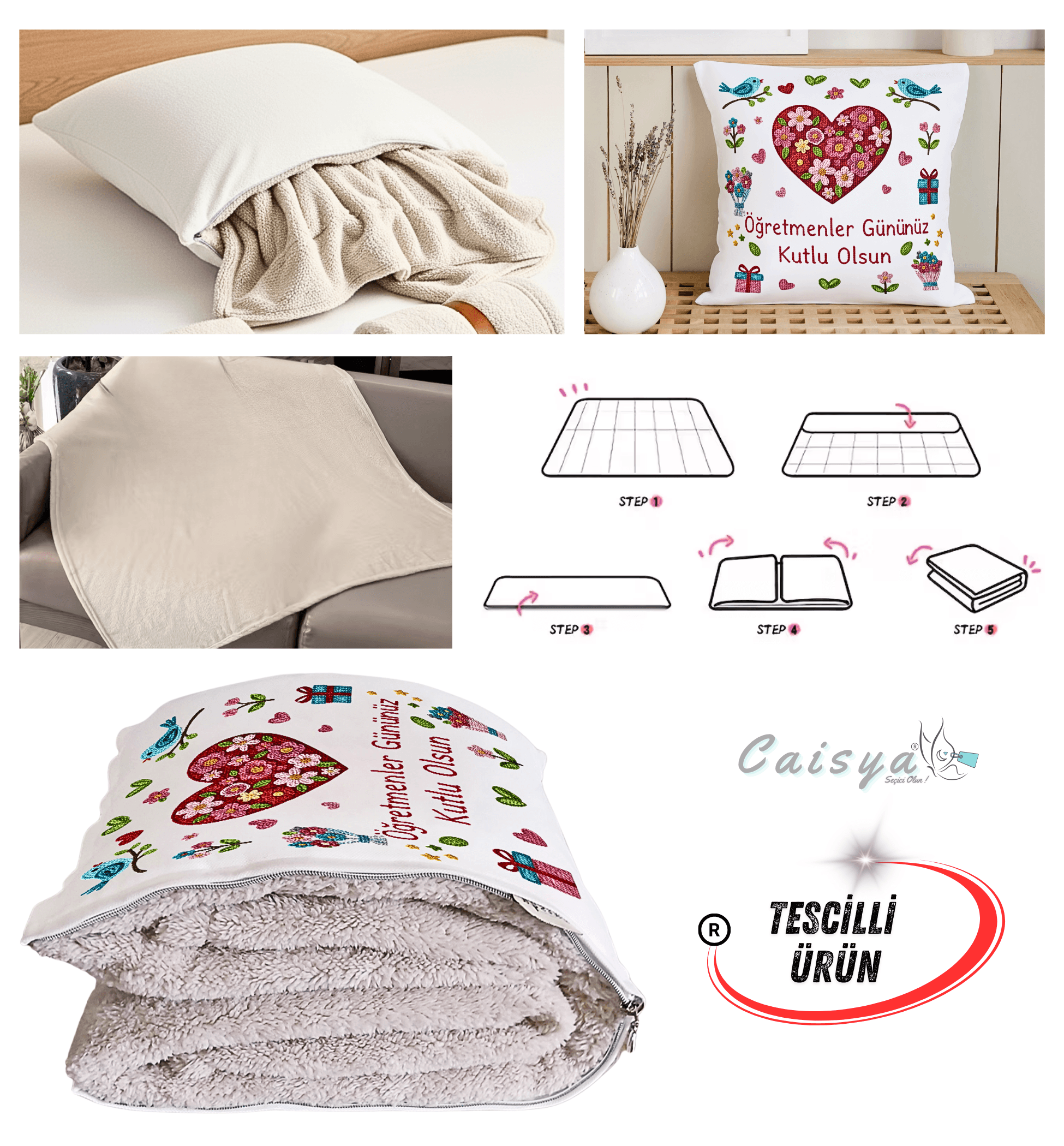 Öğretmenler Günü Hediyesi Nakış Baskılı Tv Battaniyesi Olabilen Dekoratif Yastık Kırlent Battaniye