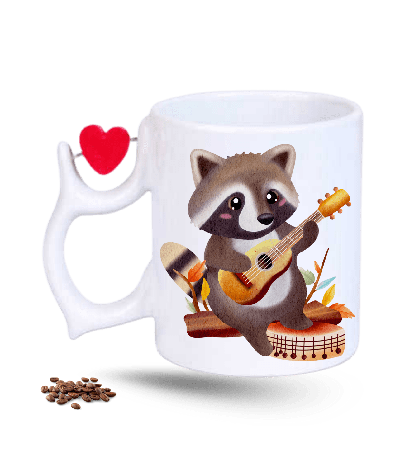 Gitar Çalan Cute Rakun Baskılı Porselen Dönen Kalp Figürlü Kupa Bardak
