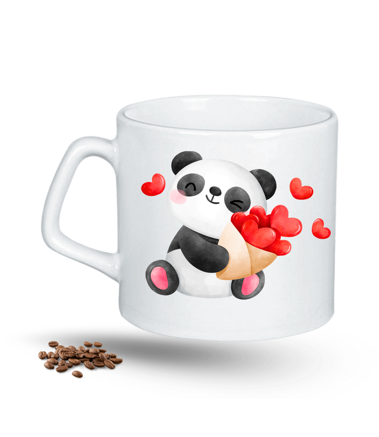 Aşk Temalı Kalpli Panda Baskılı Porselen Afilli Kupa Bardak
