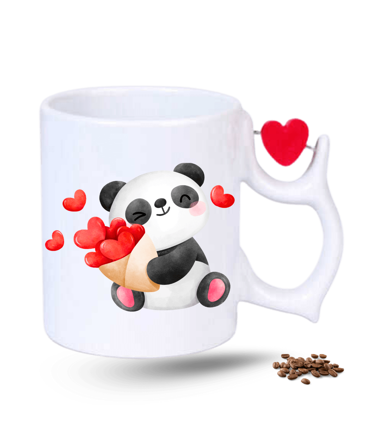 Aşk Temalı Kalpli Panda Baskılı Porselen Dönen Kalp Figürlü Kupa Bardak