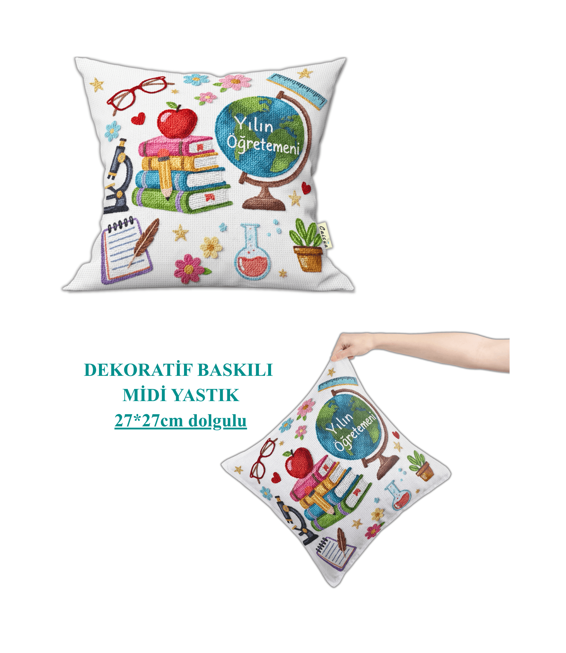 Öğretmenler Günü Temalı Dekoratif Midi Yastık Kırlent 27x27cm Dolgulu-2