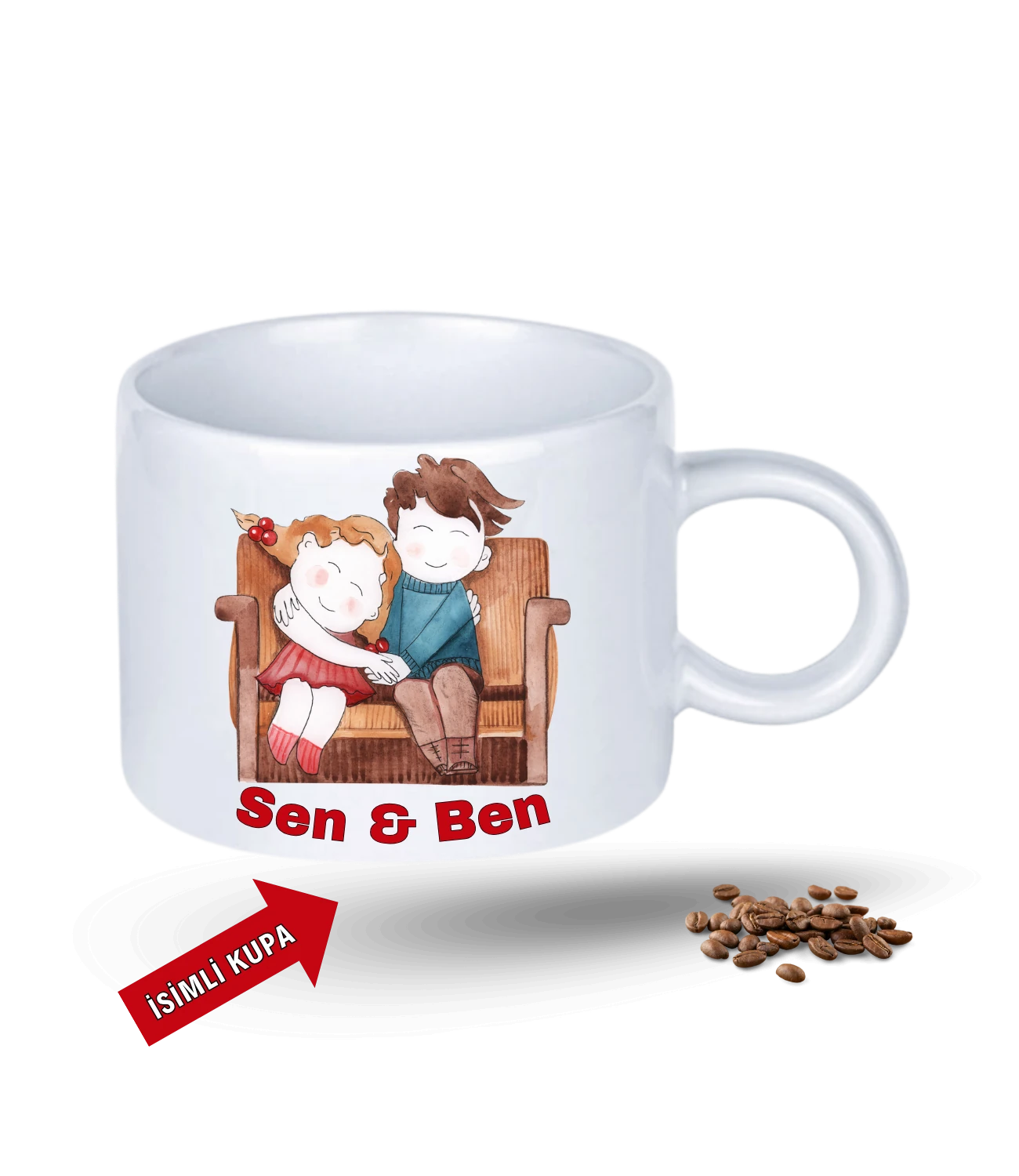 Aşk Temalı Sen ve Ben İsimli Kupa Kalpli Baskılı Porselen Motto Kupa Bardak-6