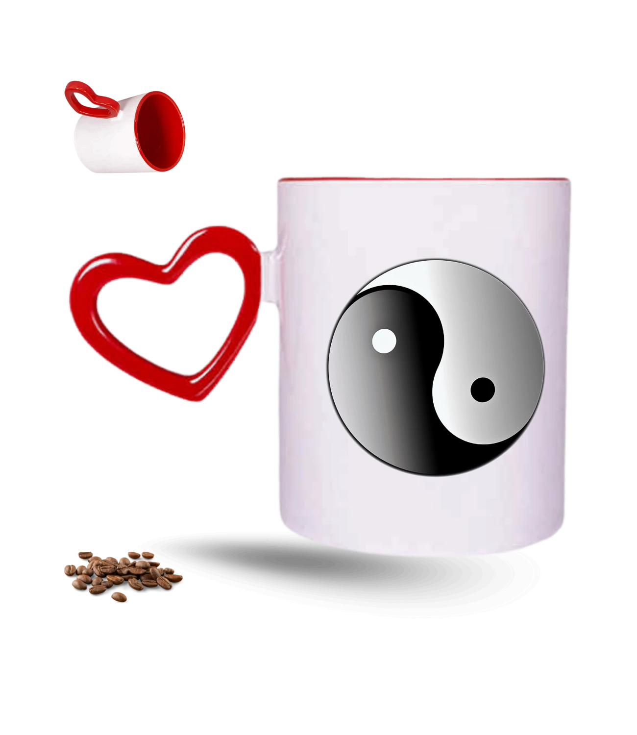 Zodyak Temalı Ying Yang Denge Baskılı Kırmızı Kalpli Porselen Kupa Bardak