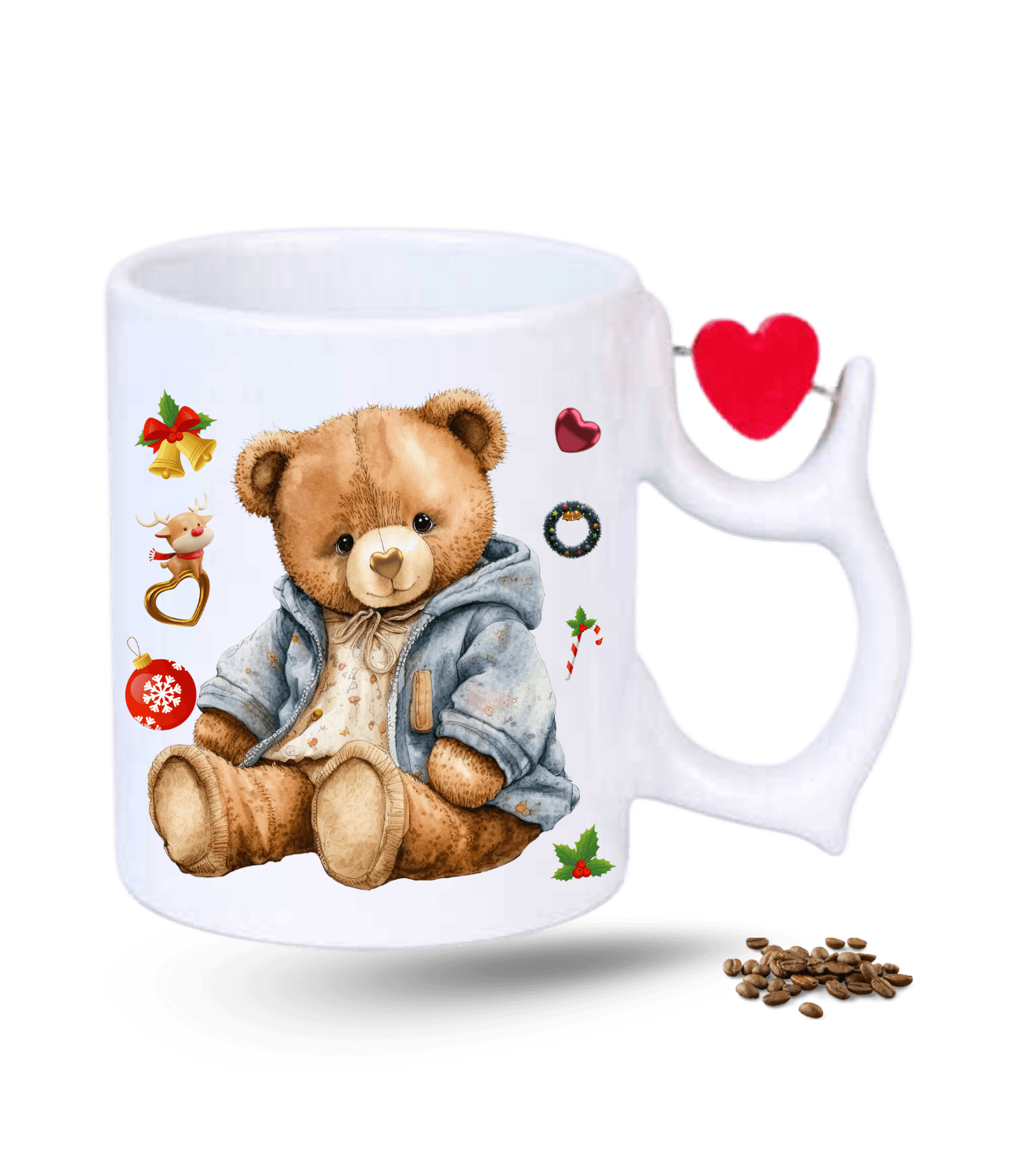 Noel Temalı Yılbaşı Teddy Ayıcık Baskılı Porselen Dönen Kalp Figürlü Kupa Bardak