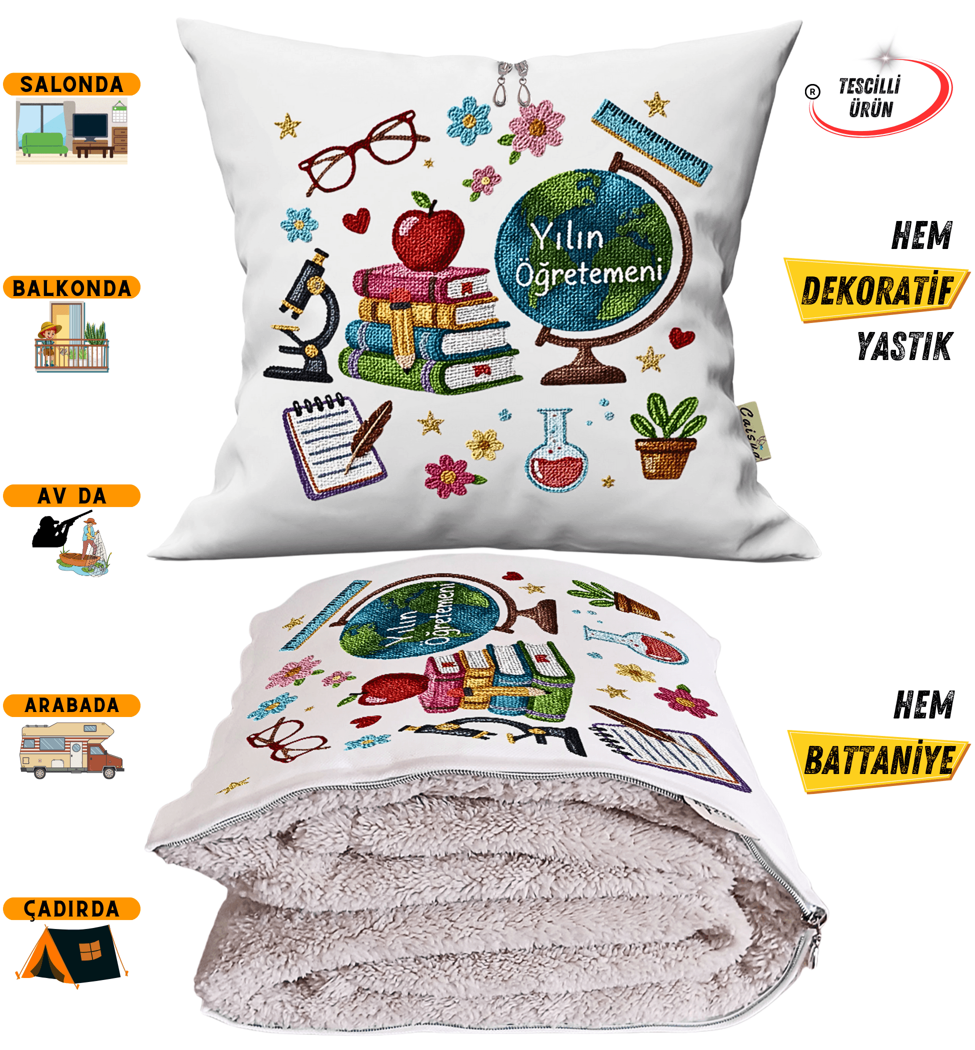 Öğretmenler Günü Hediyesi Punch Baskılı Tv Battaniyesi Olabilen Dekoratif Yastık Kırlent Battaniye