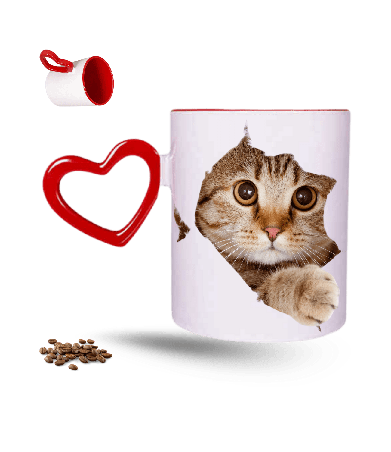 Tekir Kedi Temalı Kedi Sever Baskılı Kırmızı Kalpli Porselen Kupa Bardak