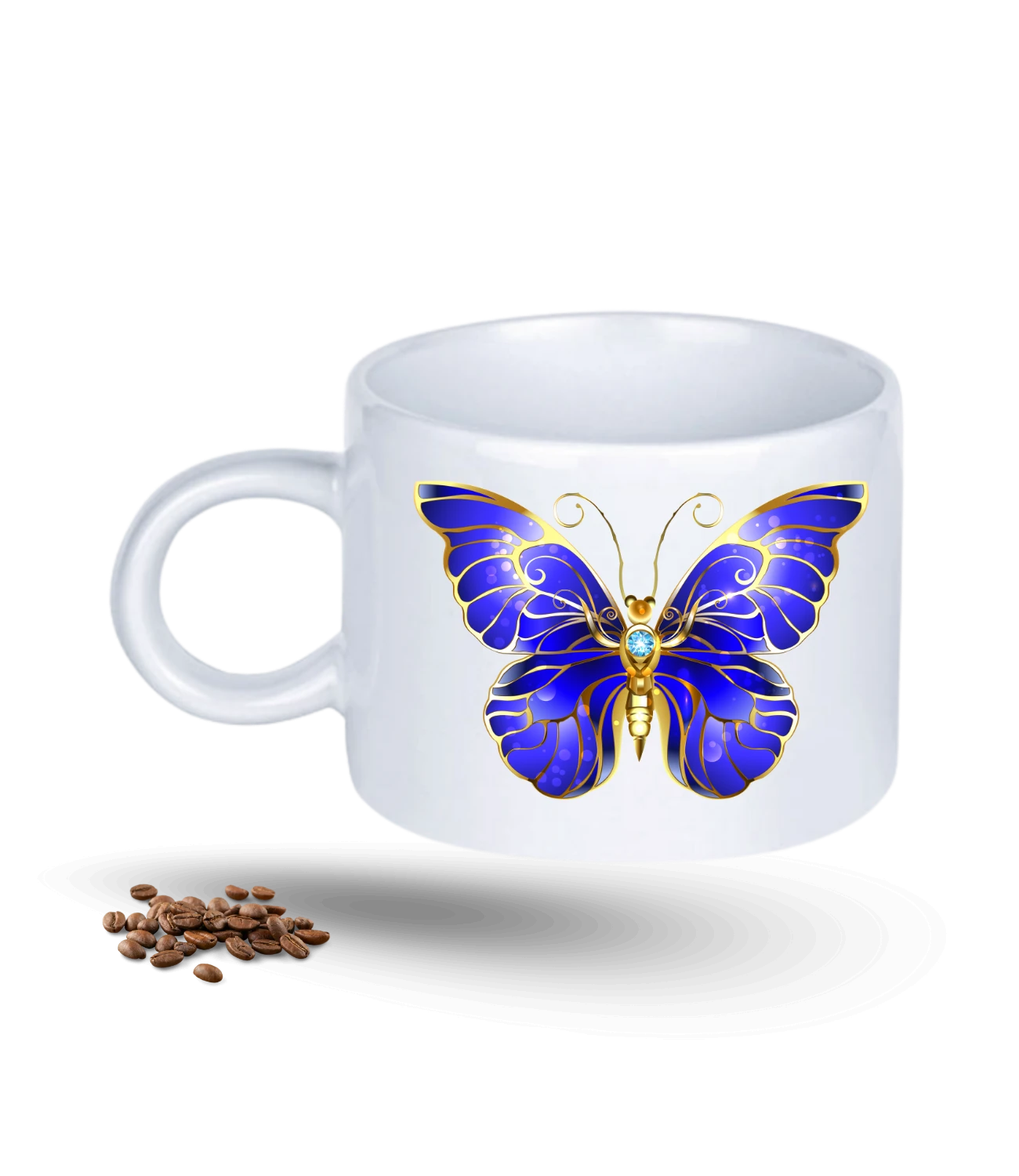 Varaklı Mavi Kelebek Baskılı Porselen Motto Kupa Bardak