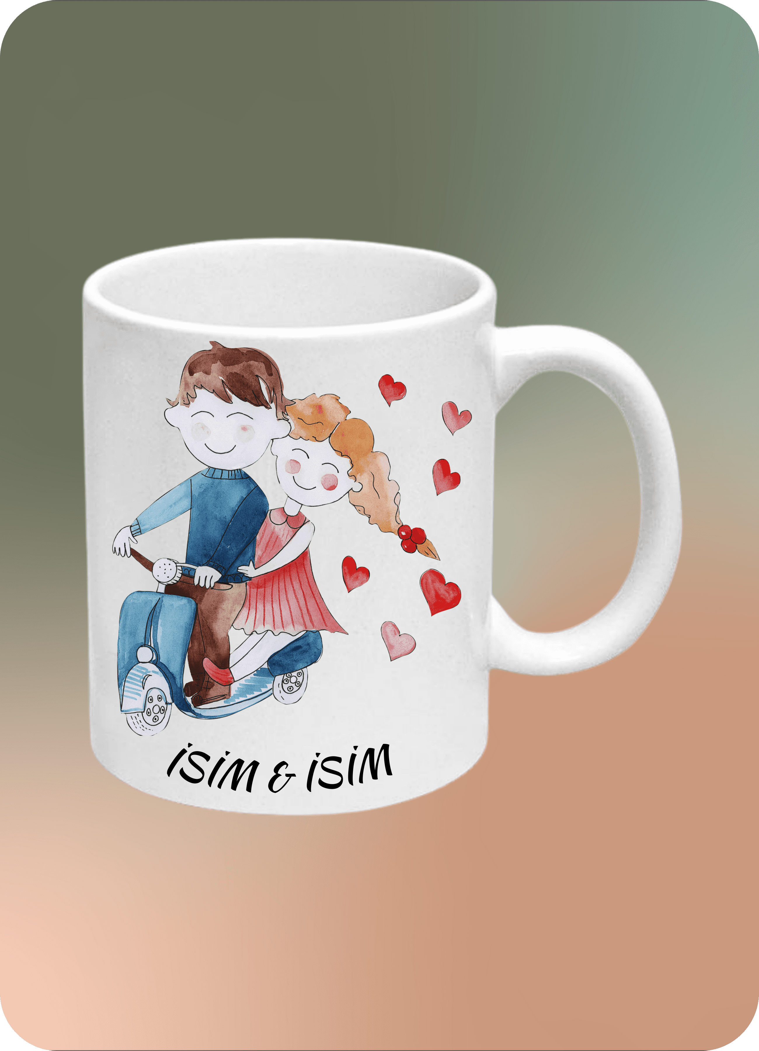 Romantik Bisiklette Mutlu Çift Baskılı İsimli Kupa Bardak Çay Kahve Fincanı