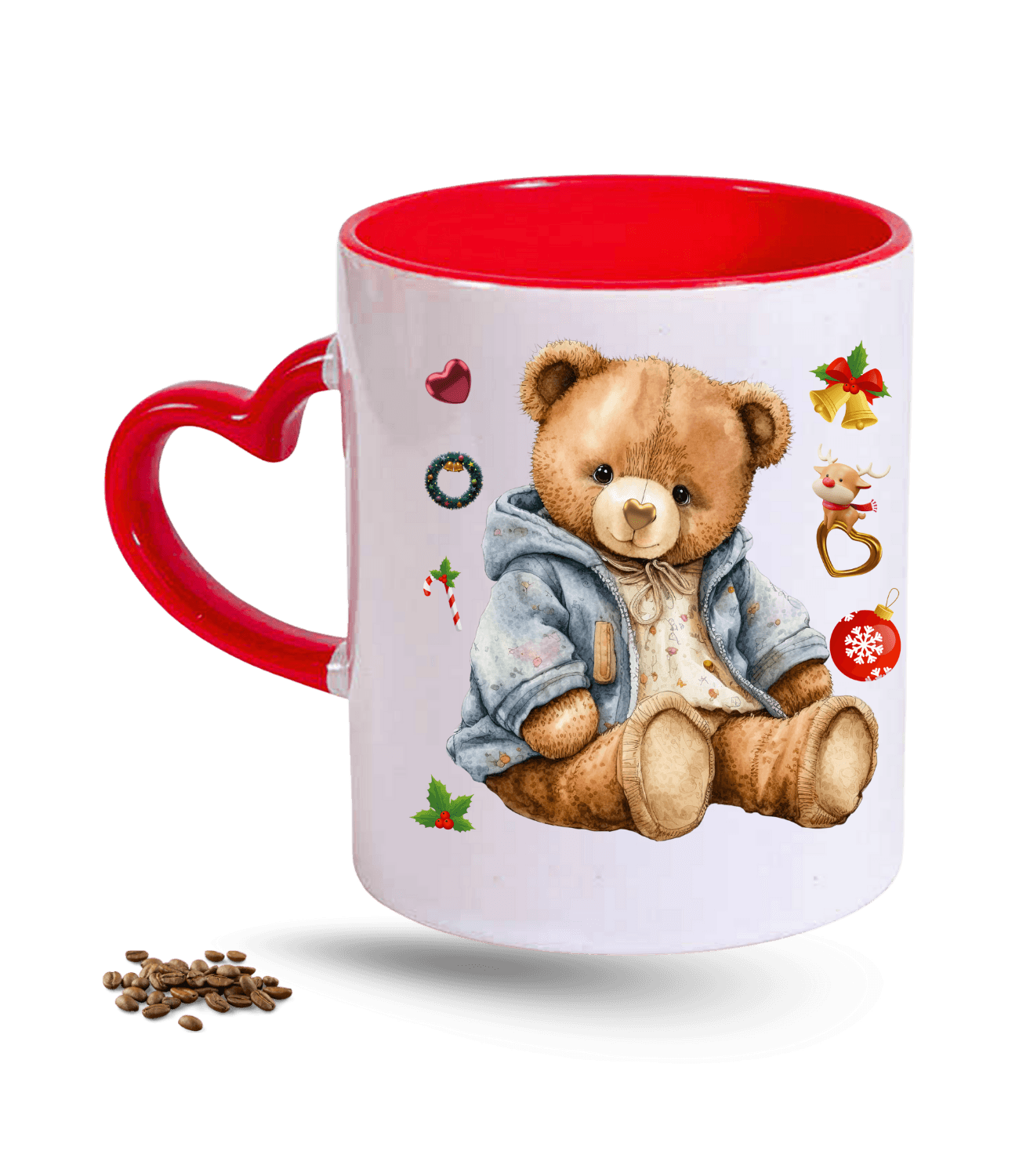 Noel Temalı Yılbaşı Teddy Ayıcık Baskılı Kırmızı Kalpli Porselen Kupa Bardak
