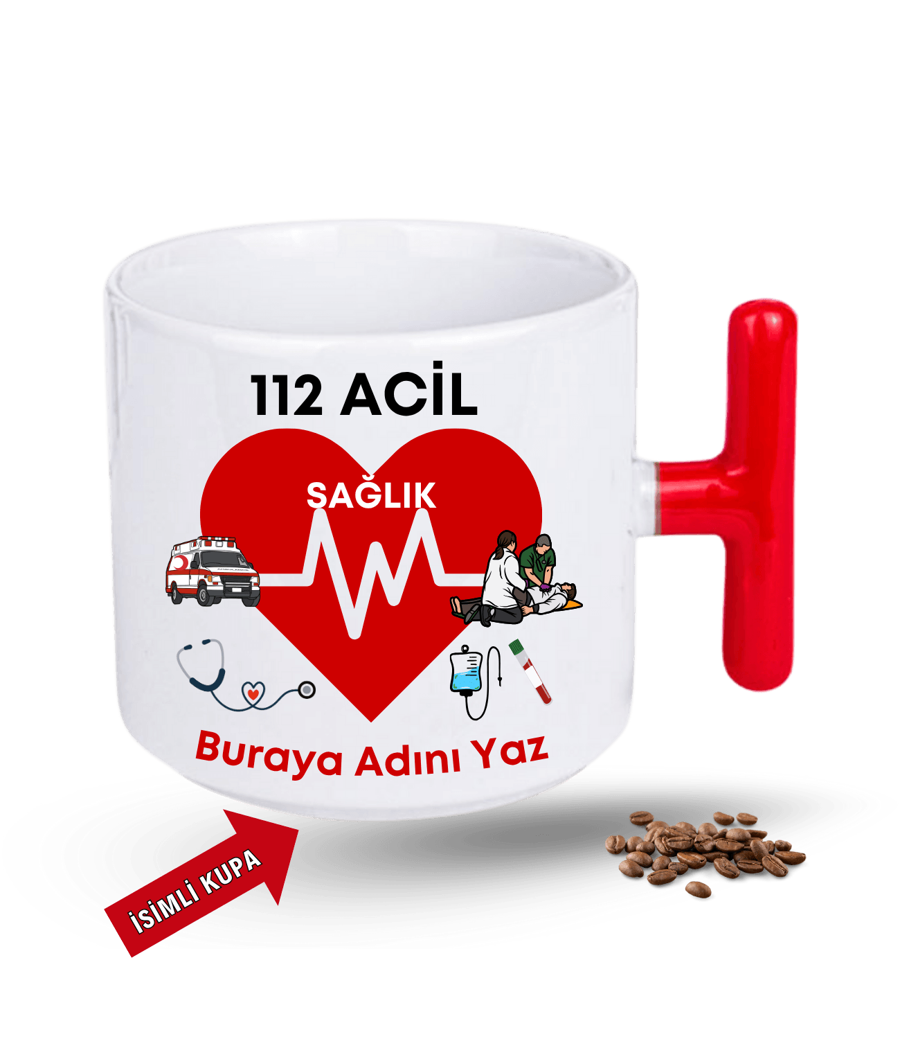 112 Acil Sağlık Temalı İsimli Kupa Baskılı T Saplı Porselen Kupa Bardak