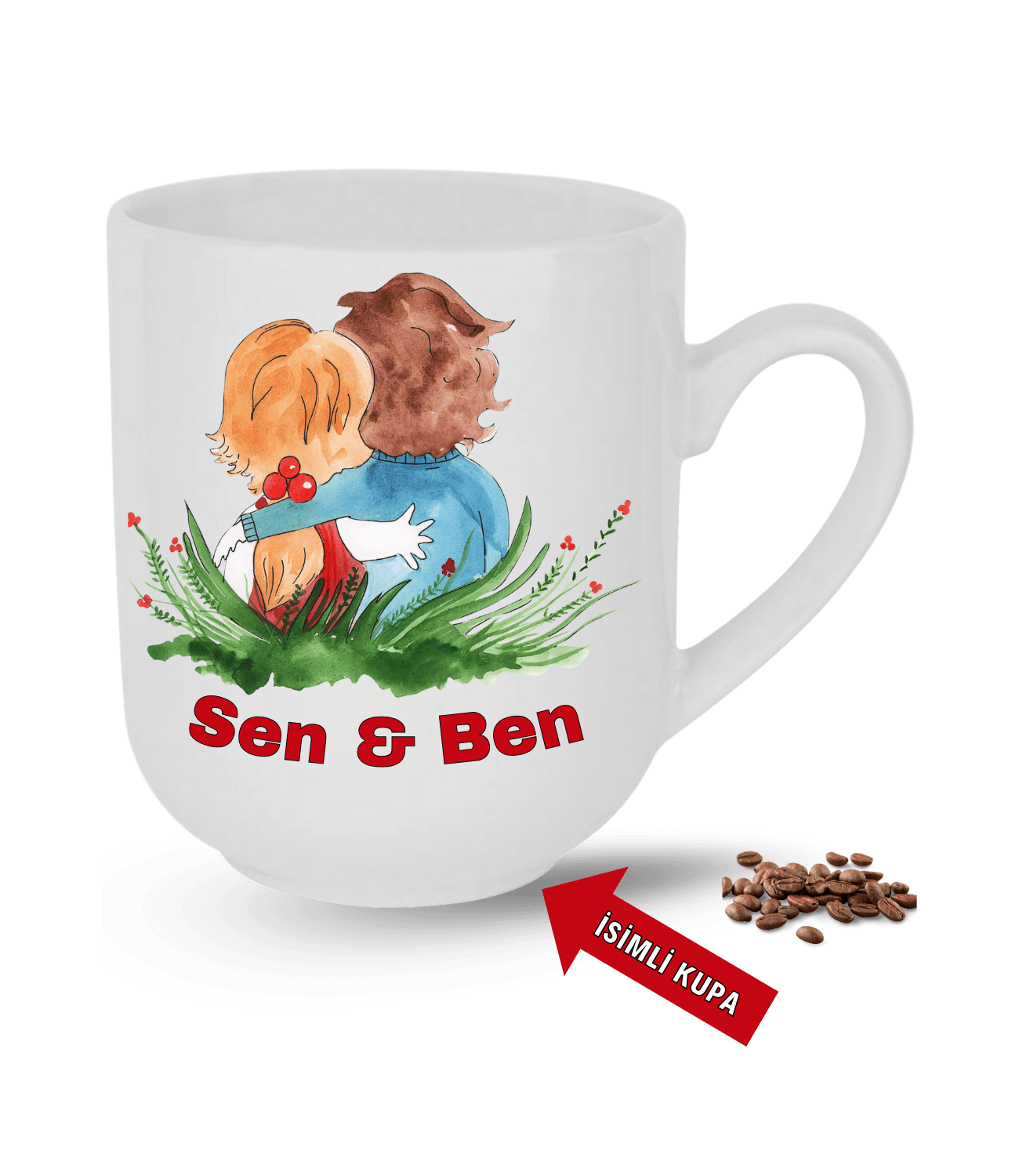 Aşk Temalı Sen ve Ben İsimli Kupa Kalpli Baskılı Elit Lüx Porselen Kupa Bardak-3