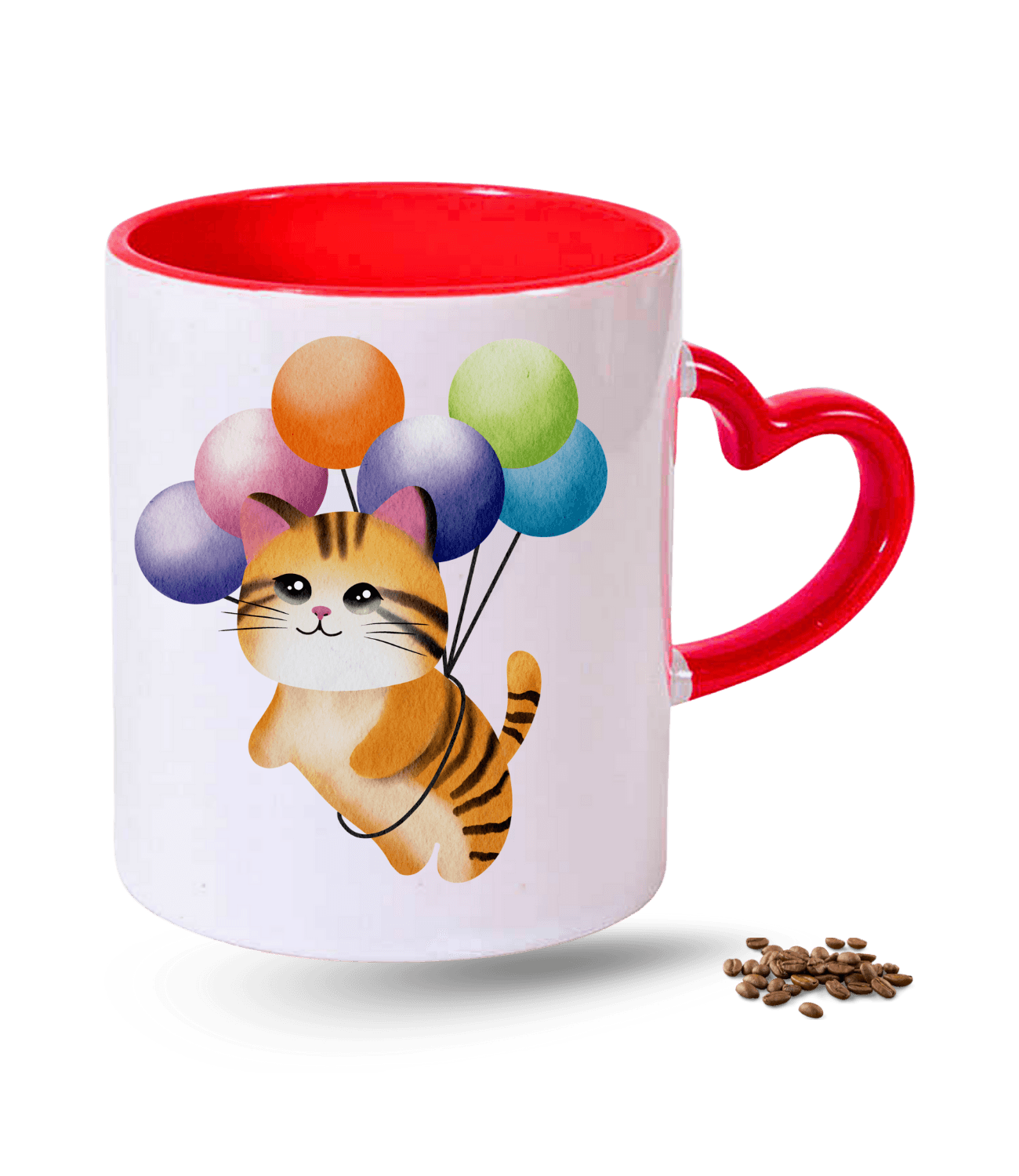 Balonlu Kedi Temalı Kedi Sever Baskılı Kırmızı Kalpli Porselen Kupa Bardak