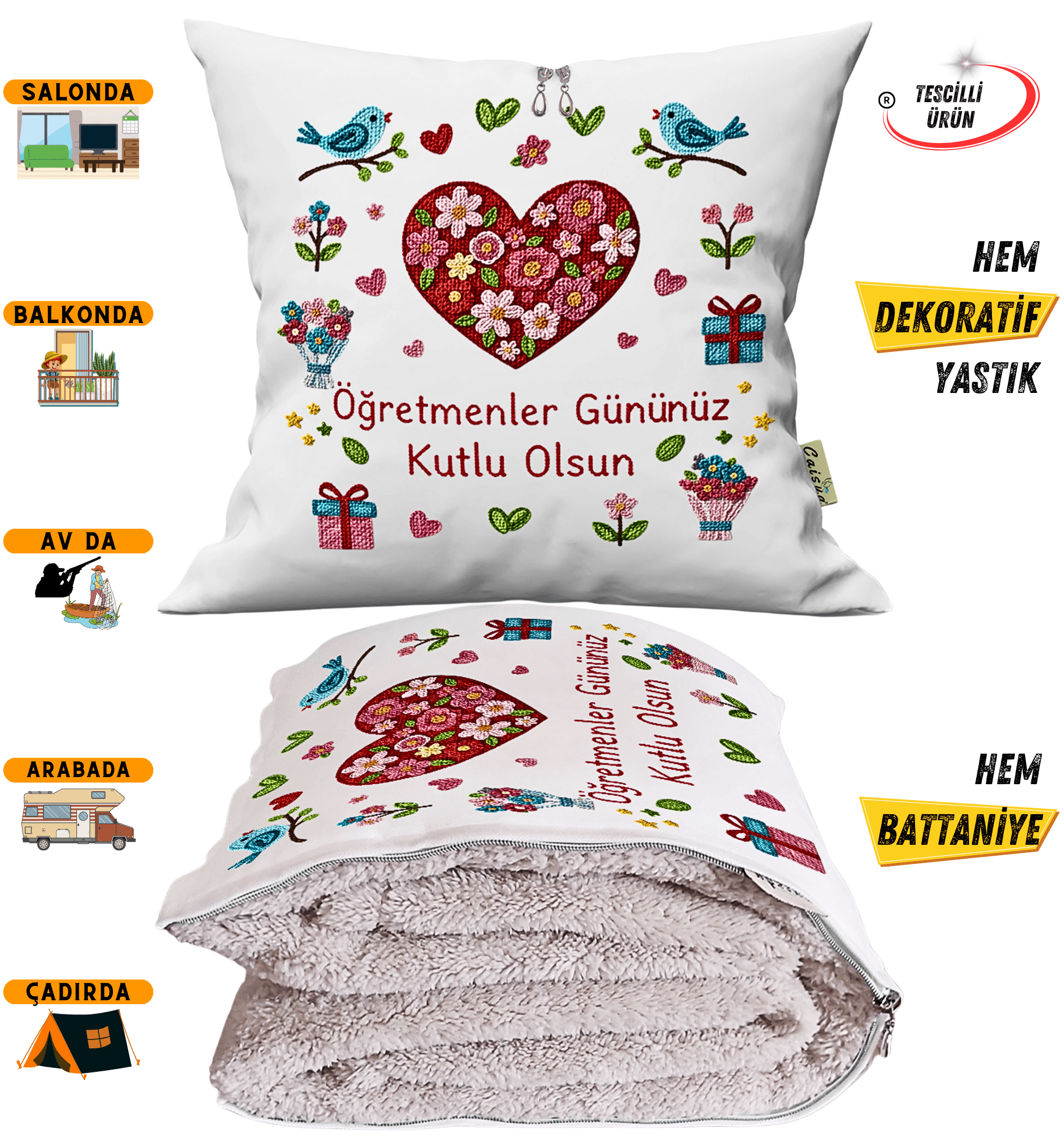 Öğretmenler Günü Hediyesi Nakış Baskılı Tv Battaniyesi Olabilen Dekoratif Yastık Kırlent Battaniye