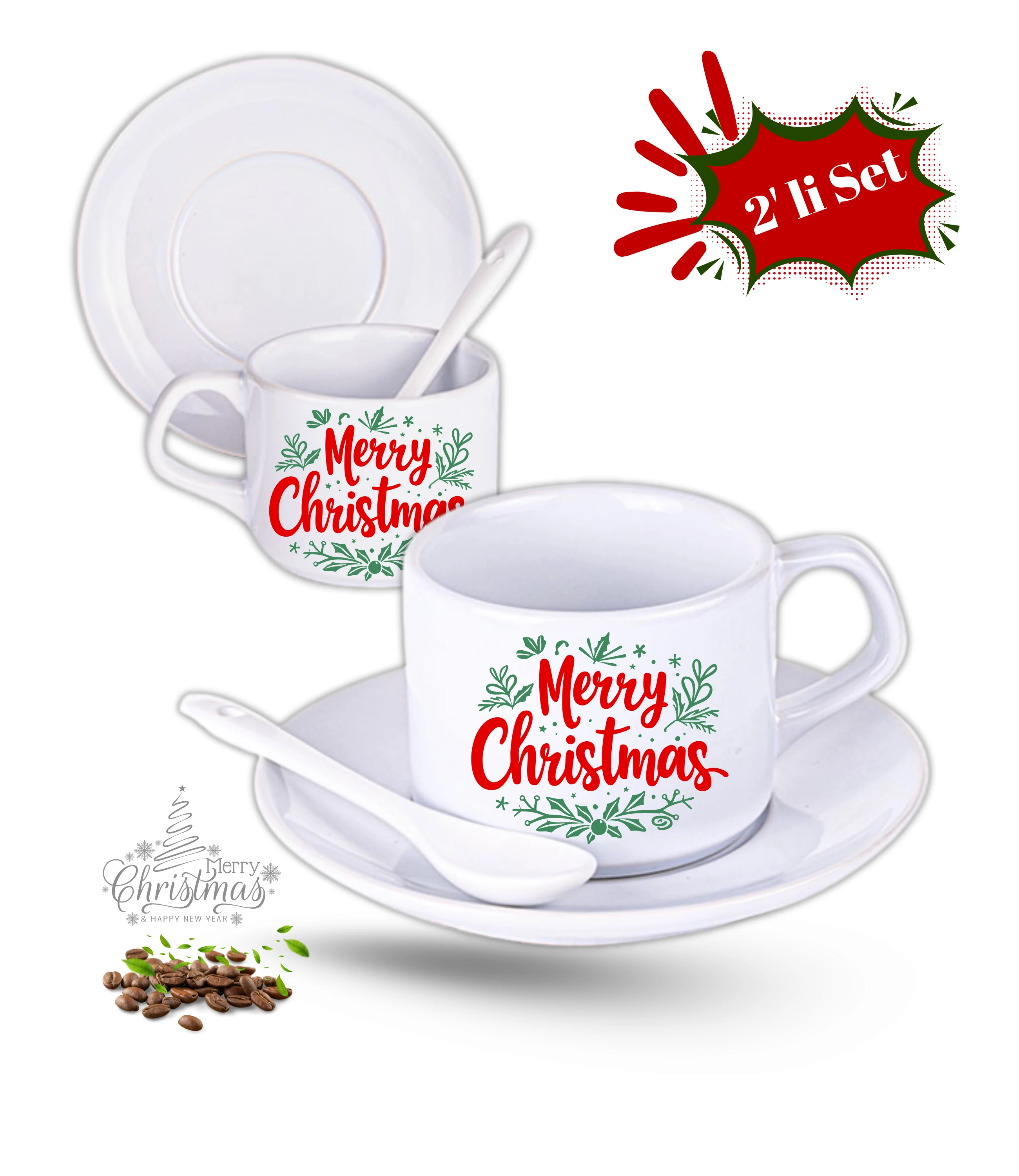 Yılbaşı Hediyesi Christmas Baskılı 2li Set Porselen Çay Kahve Fincan Seti