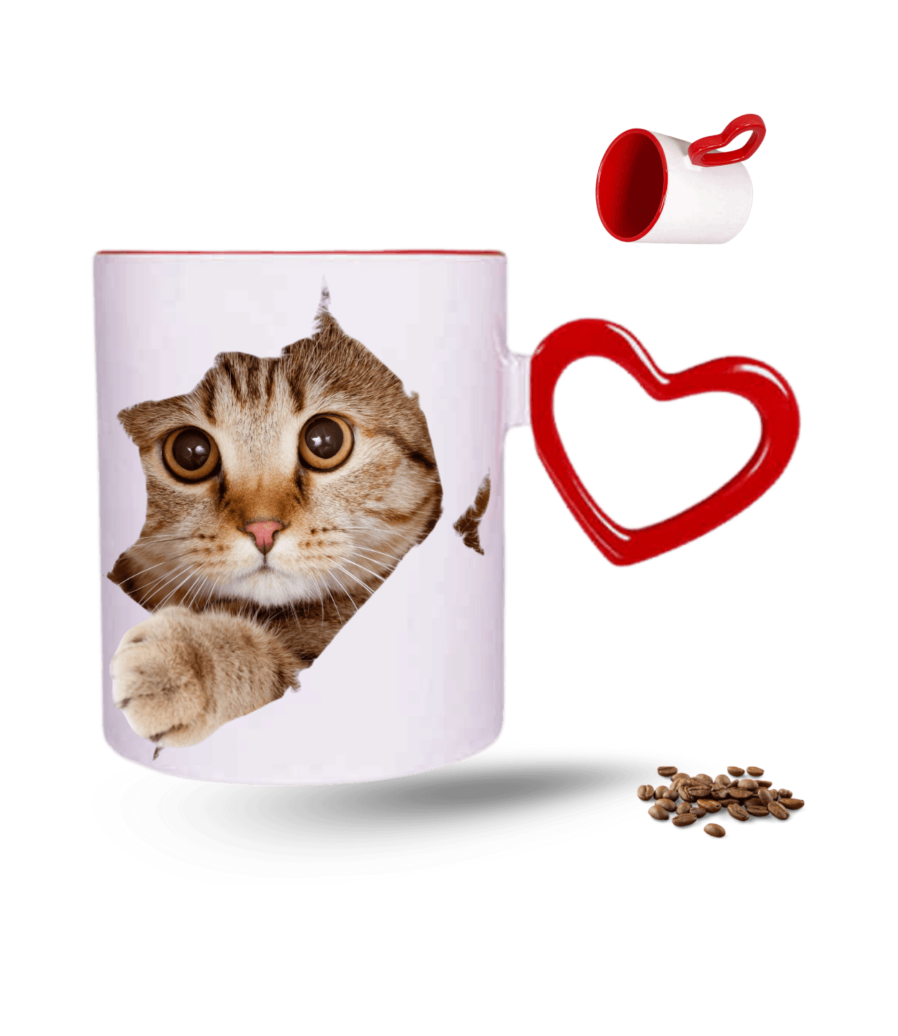 Tekir Kedi Temalı Kedi Sever Baskılı Kırmızı Kalpli Porselen Kupa Bardak