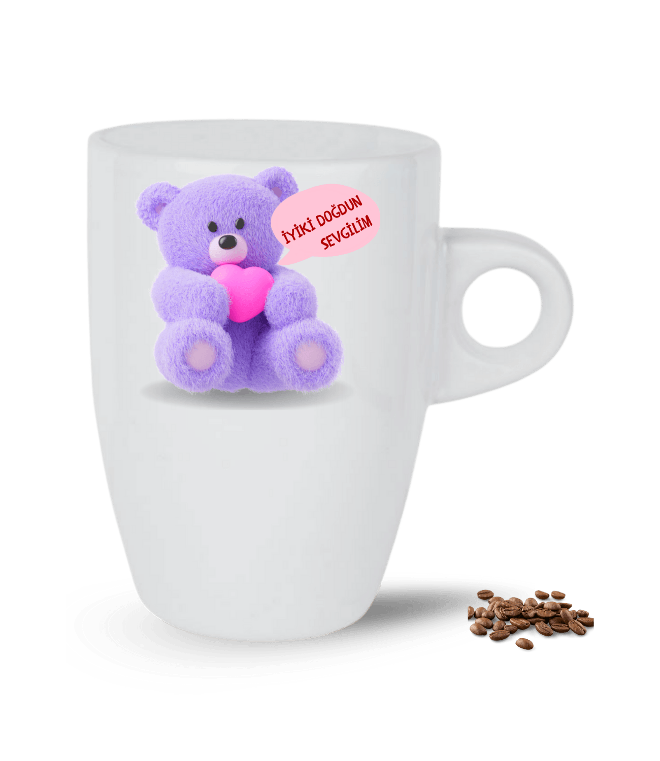 Aşk Temalı Mor Ayıcık Kalp Baskılı Porselen Latte Kupa Bardak