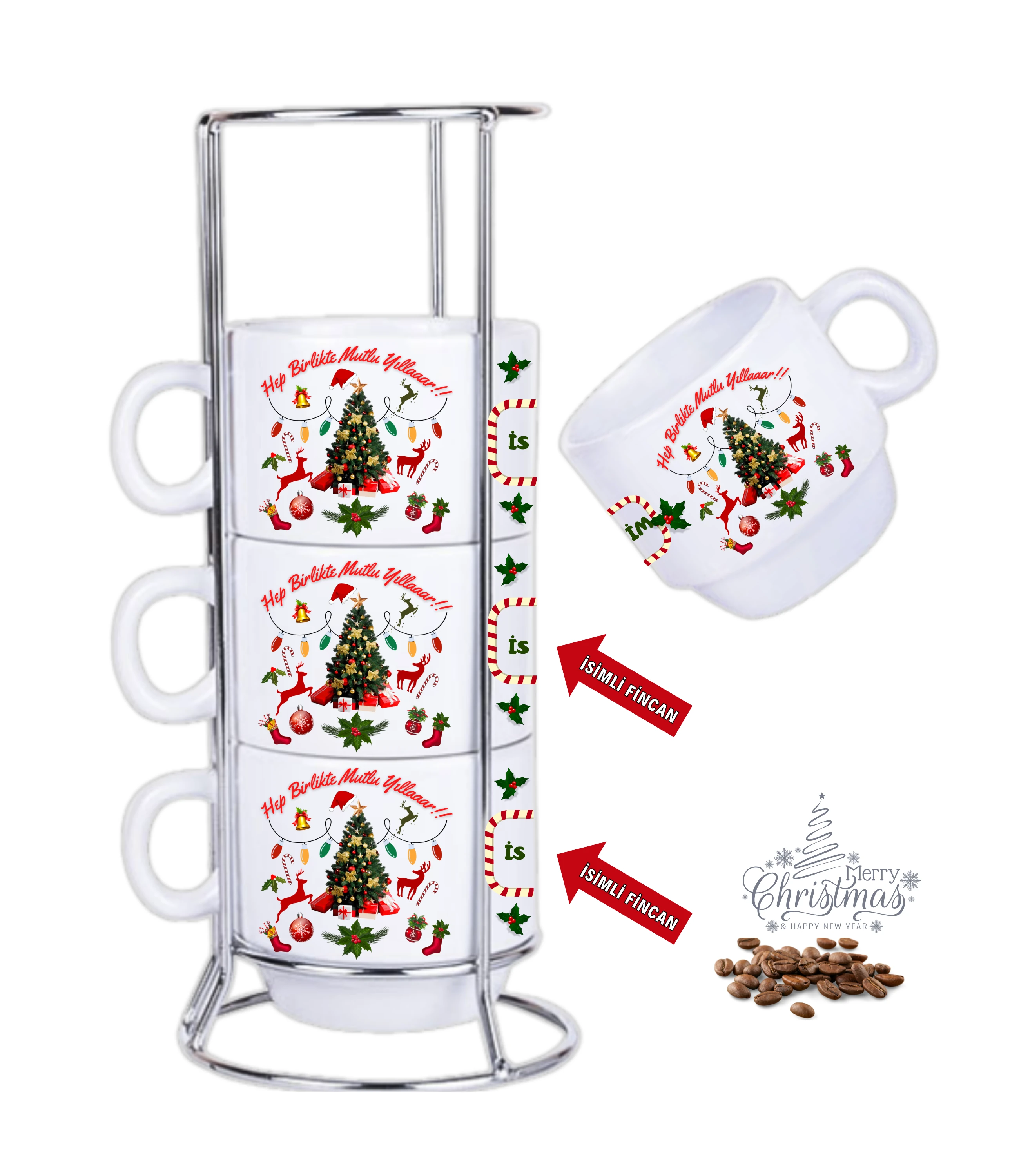 Yılbaşı Temalı Baskılı 4lü Standlı Hediyelik İsimli Porselen Çay Kahve Fincan Seti