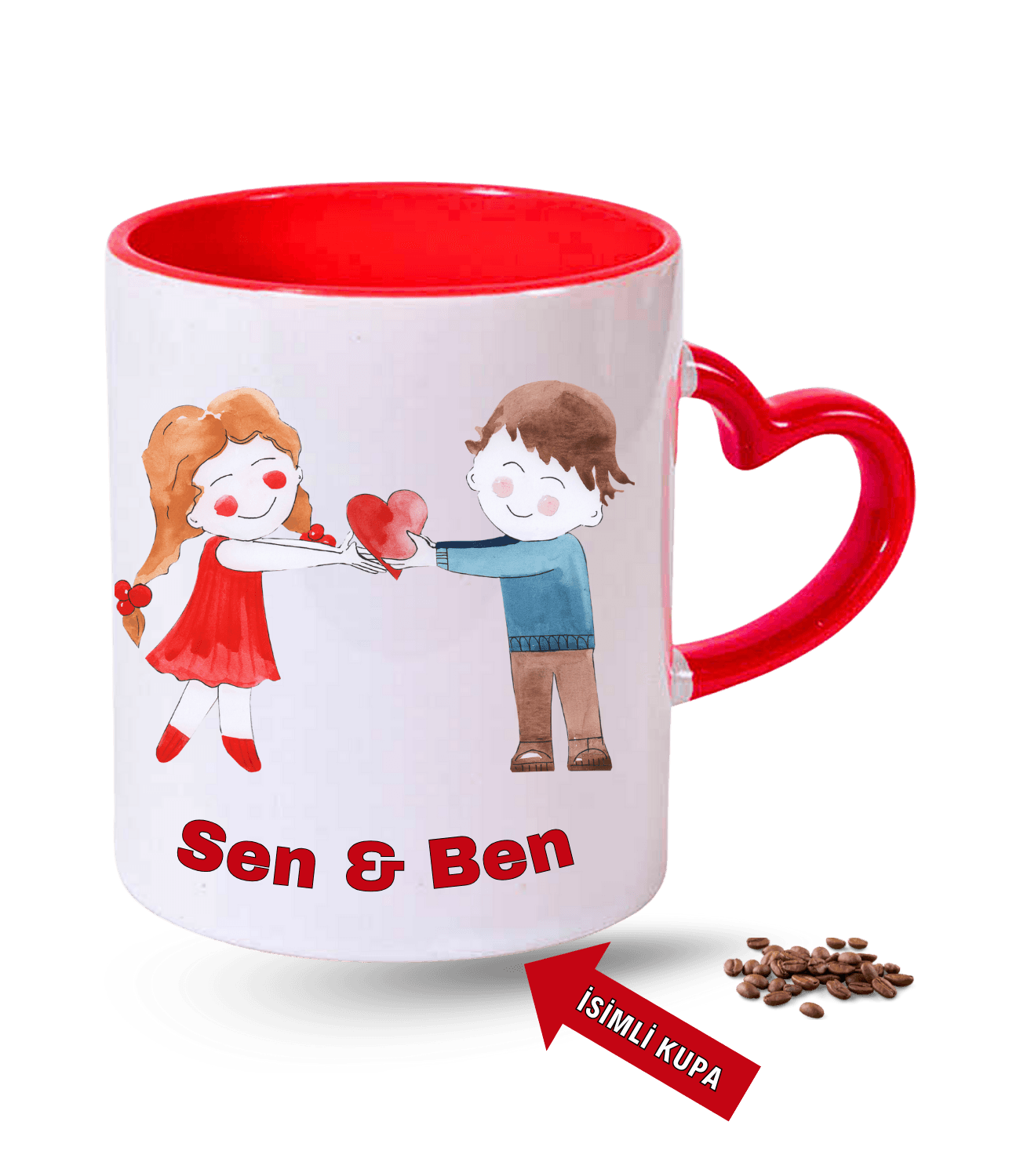 Aşk Temalı Sen ve Ben İsimli Kupa Kalpli Baskılı Kırmızı Kalpli Porselen Kupa Bardak-2
