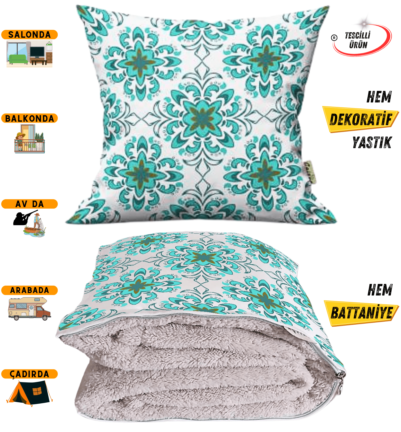 Aqua Vintage Modern Desen Tv Battaniyeli Opsiyonel Dekoratif Yastık Kırlent 2 in 1 Battaniye