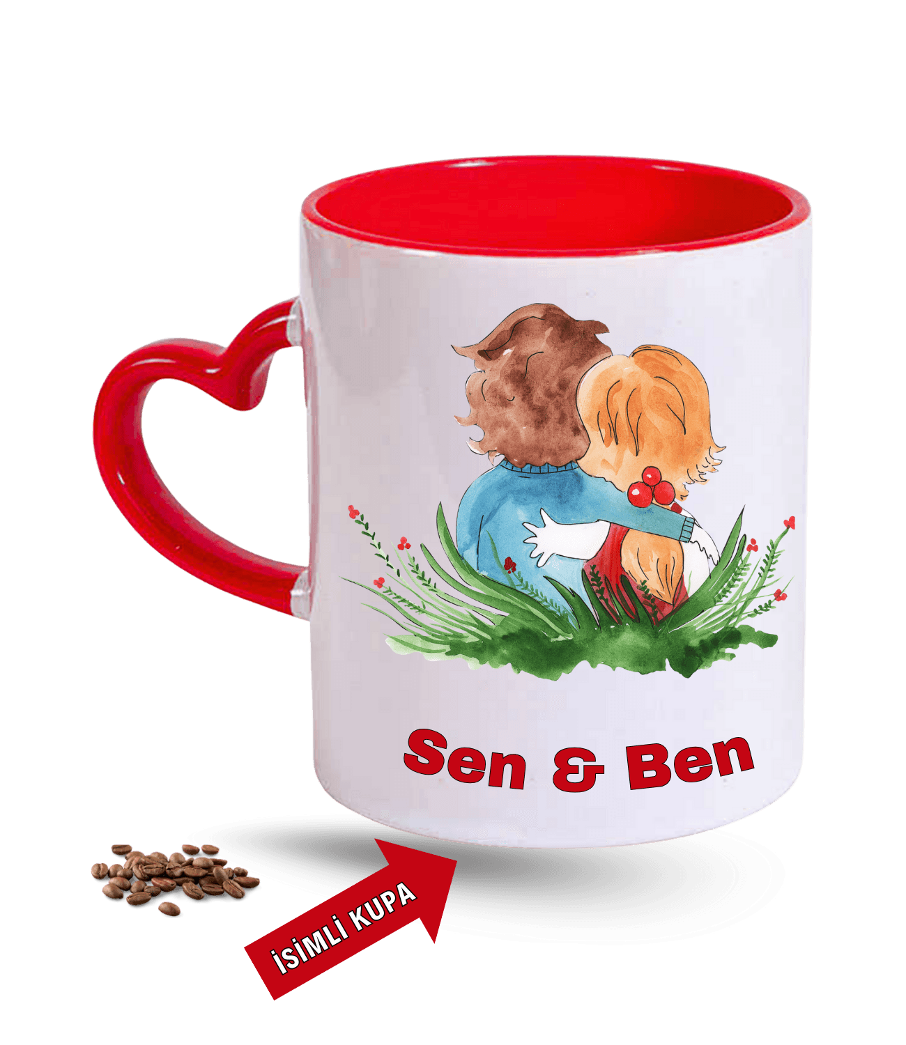 Aşk Temalı Sen ve Ben İsimli Kupa Kalpli Baskılı Kırmızı Kalpli Porselen Kupa Bardak-3