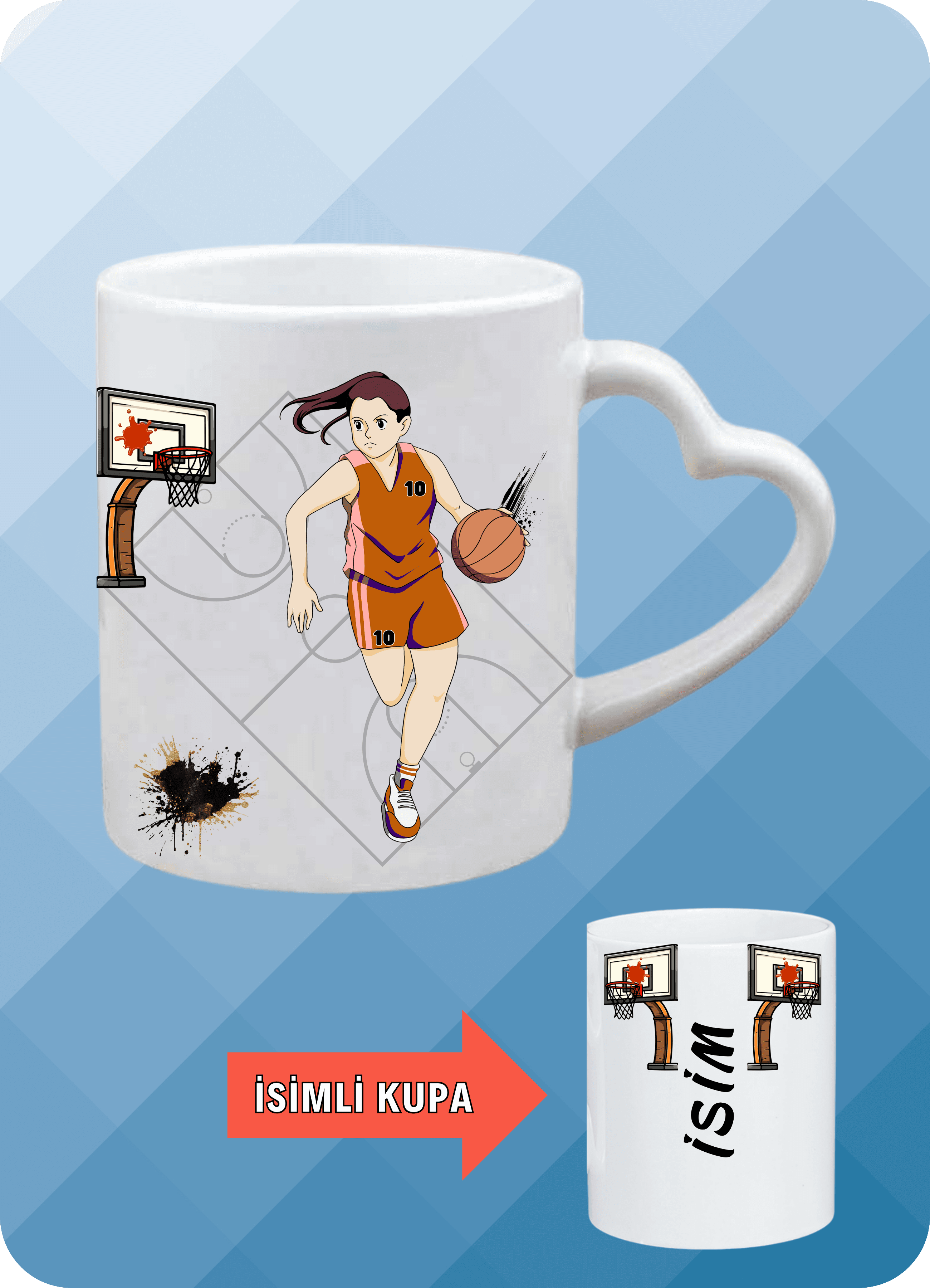Basketbol Temalı Kadın Basketbolcu Kalp Kulplu Basket Sever Kupa Bardak Çay Kahve Fincanı-4